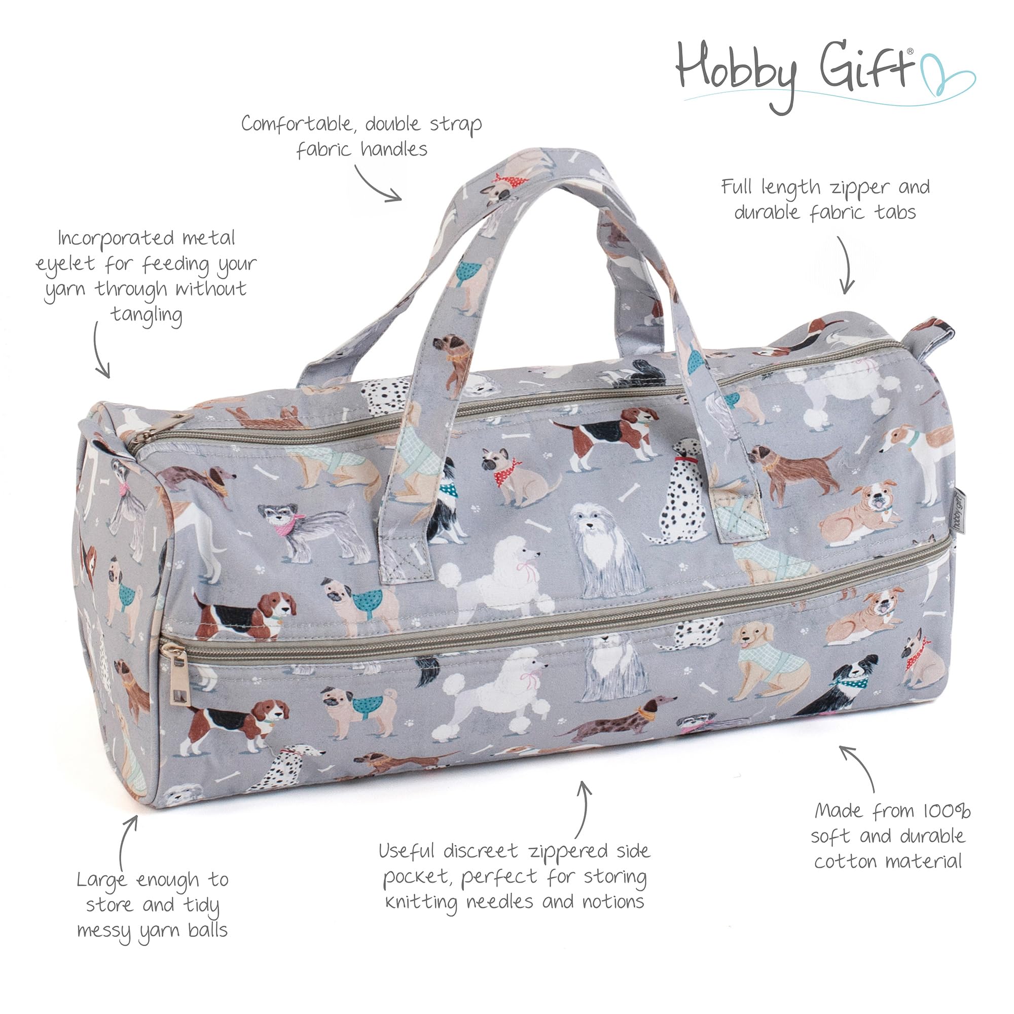 Hobby Gift Knitting Bag - Grey Dogs Design | 100% Cotton | Fits Needles up to 40cm 4