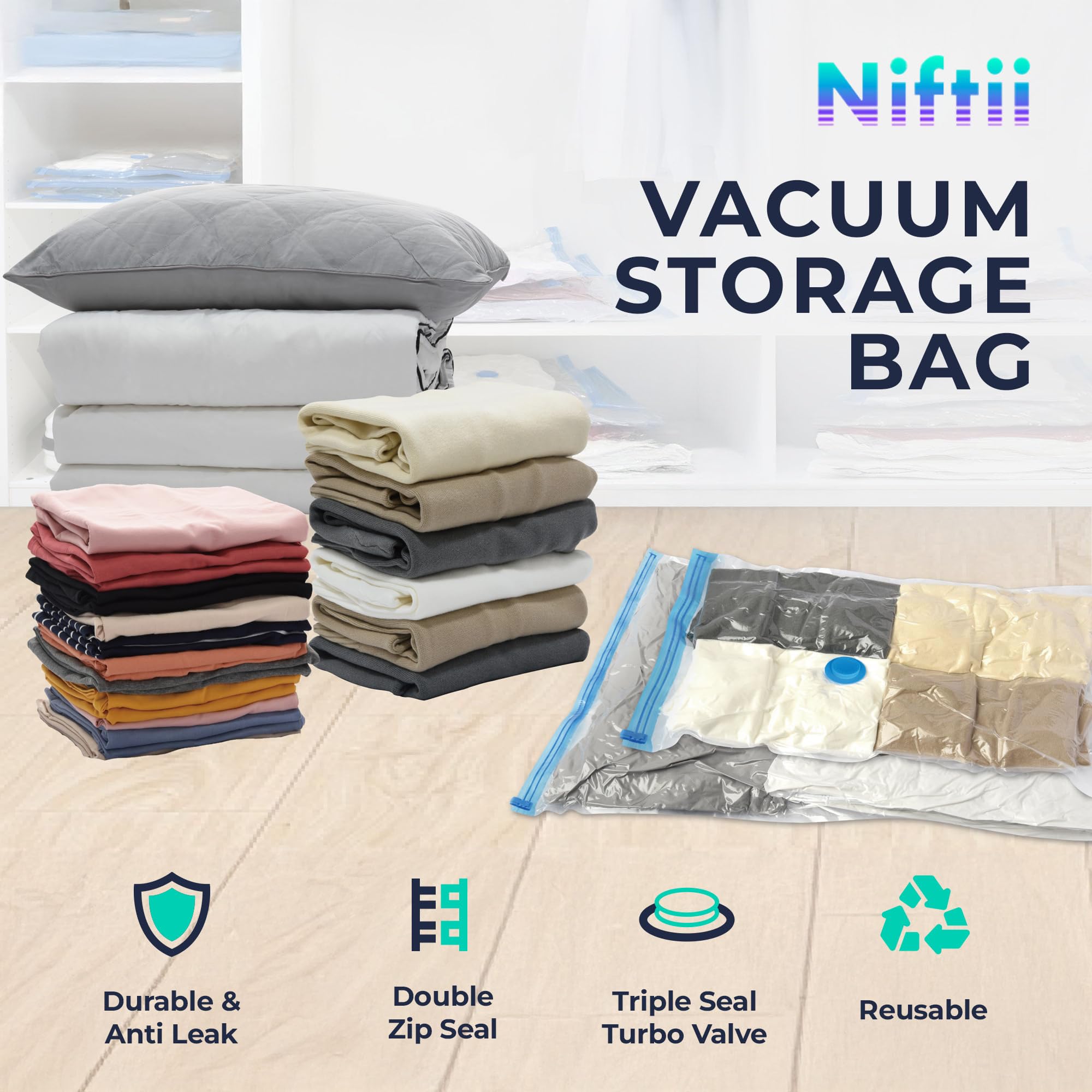 Niftii Vacuum Storage Bags - 6 Pack Mixed Sizes | Up to 80% Space Saving | Reusable & Waterproof 2