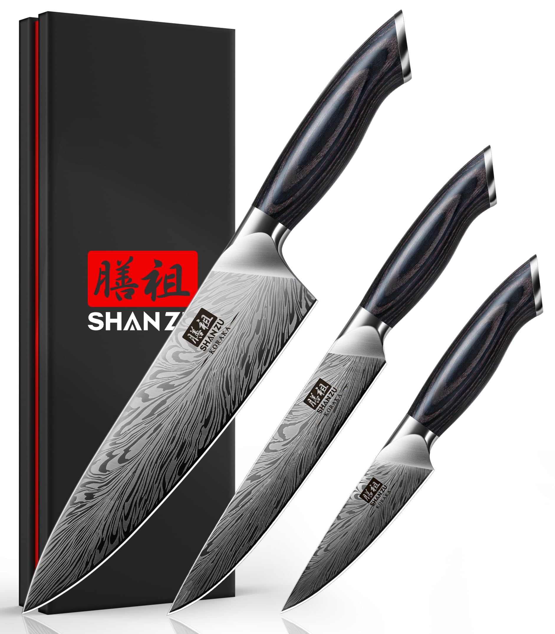 SHAN ZU 3 Piece Kitchen Knife Set - High Carbon Powder Steel, 63 HRC Hardness, 12° Blade Angle 1