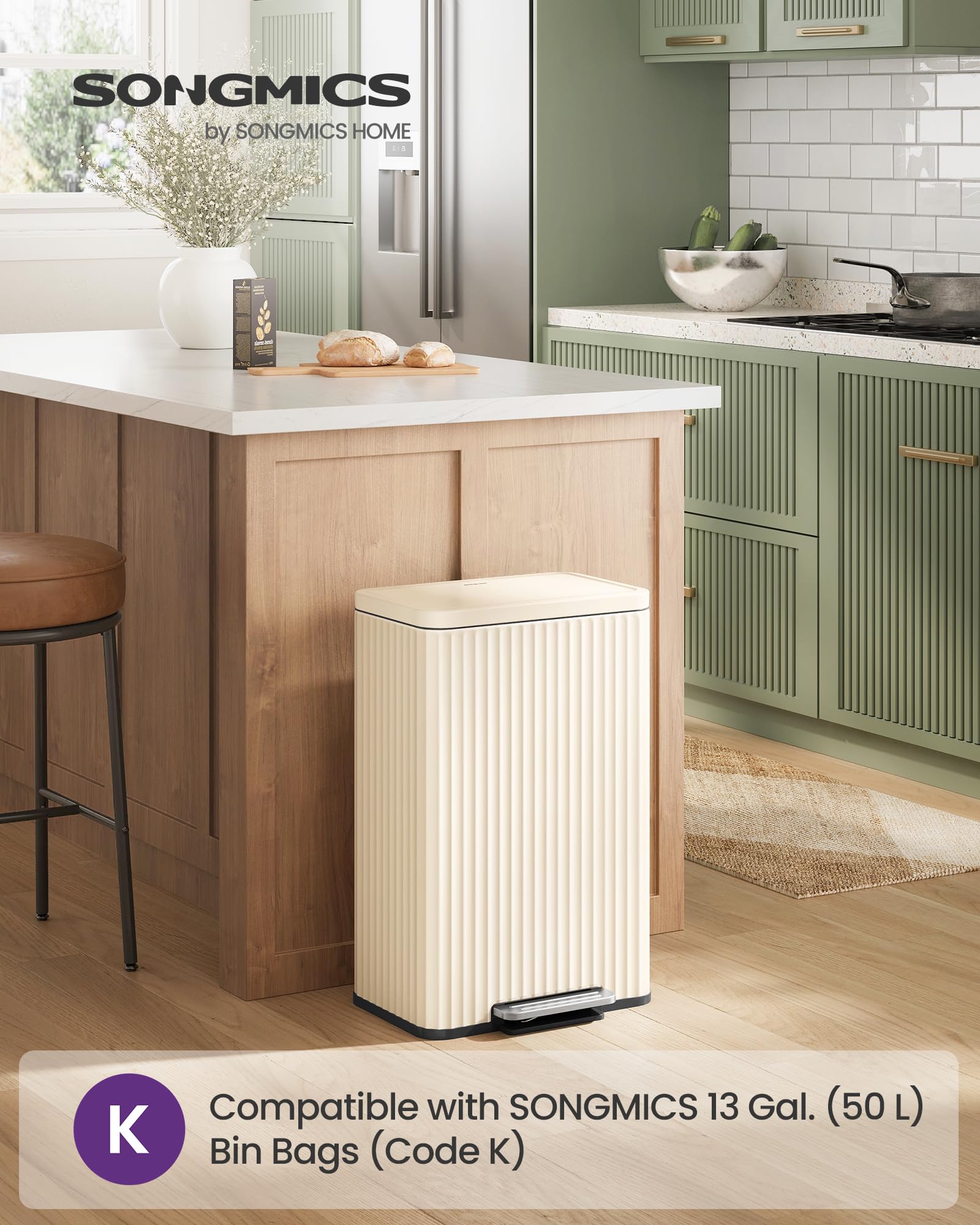 SONGMICS 50 L Kitchen Bin with Pedal | Soft-Close Lid | Cream White Alloy Steel 2