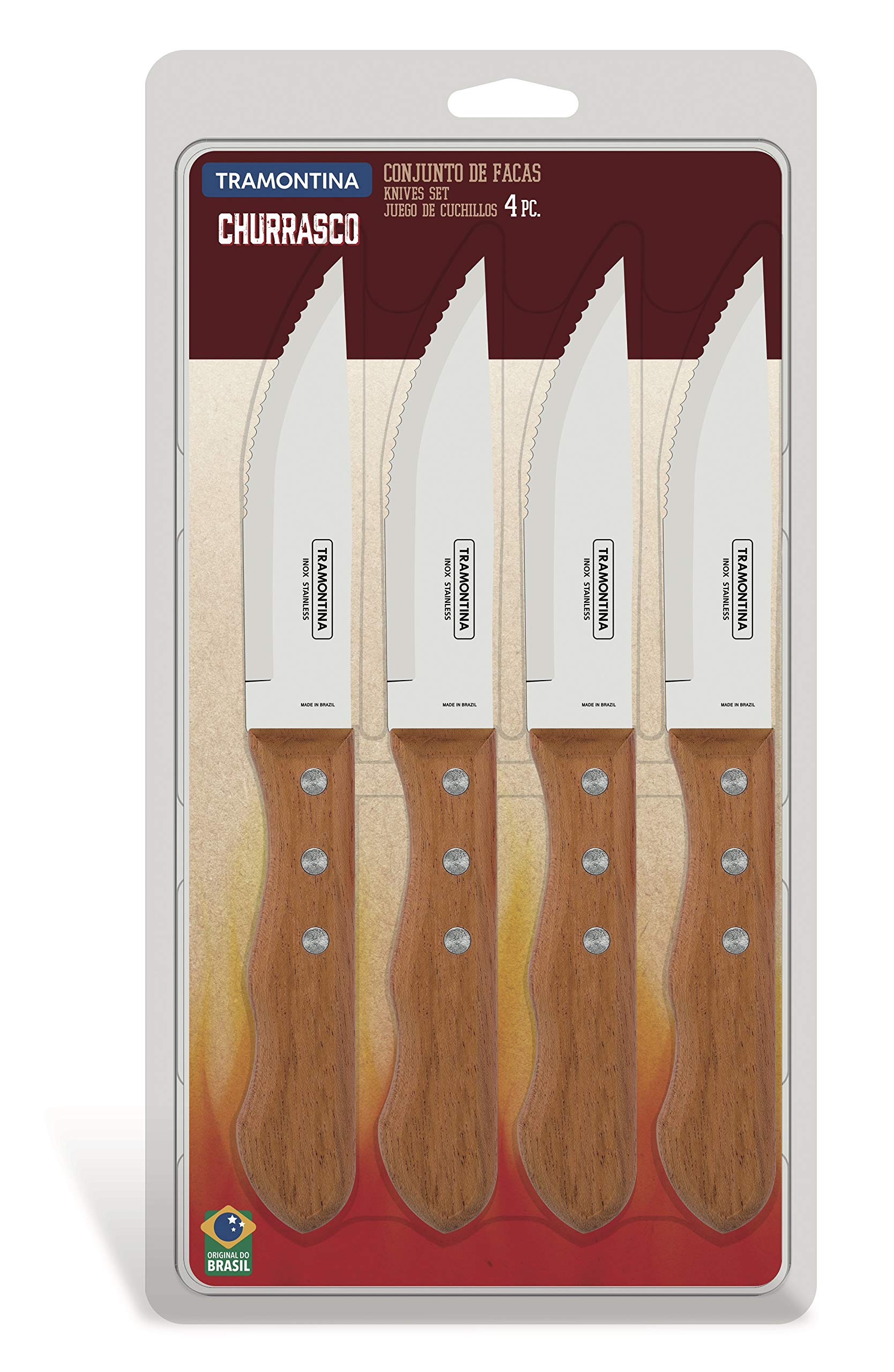 Tramontina Churrasco Collection - 4-Piece Jumbo Steak Knife Set with Serrated Stainless Steel Blades and Natural Wood Handles 9