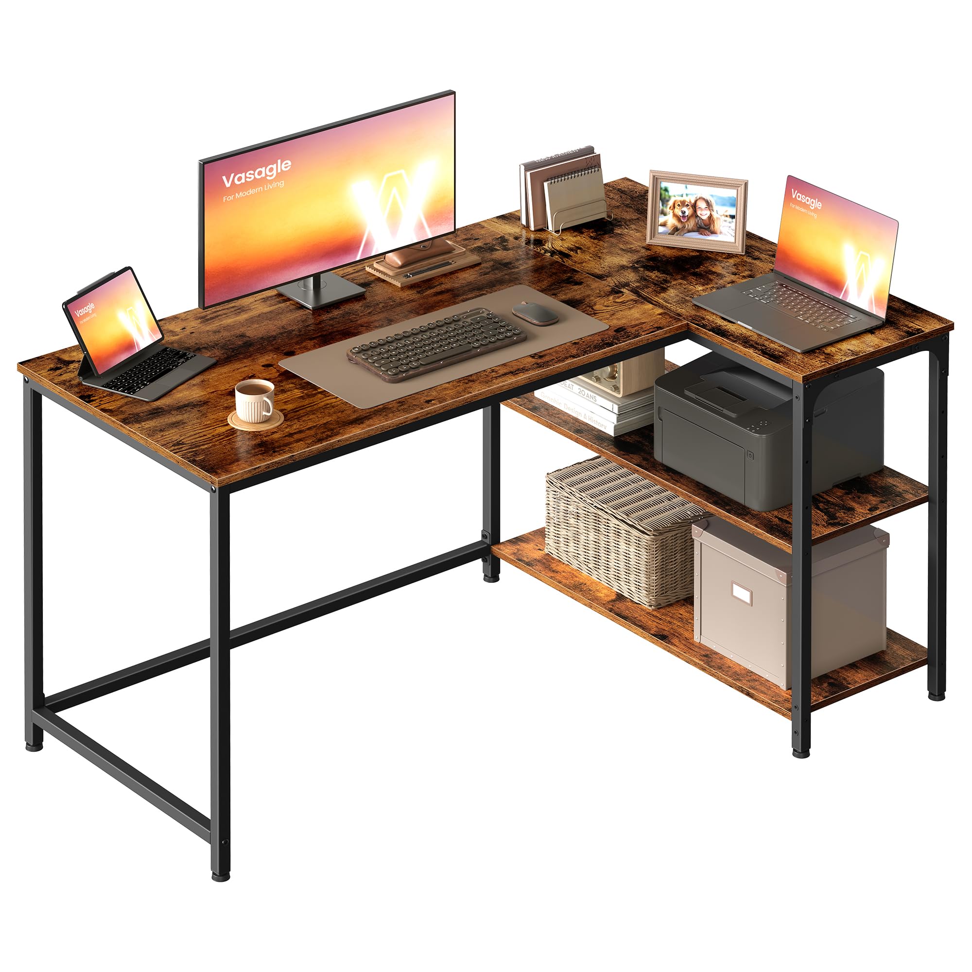 VASAGLE L-Shaped Computer Desk with Reversible Storage | 120 x 80 cm | Rustic Brown