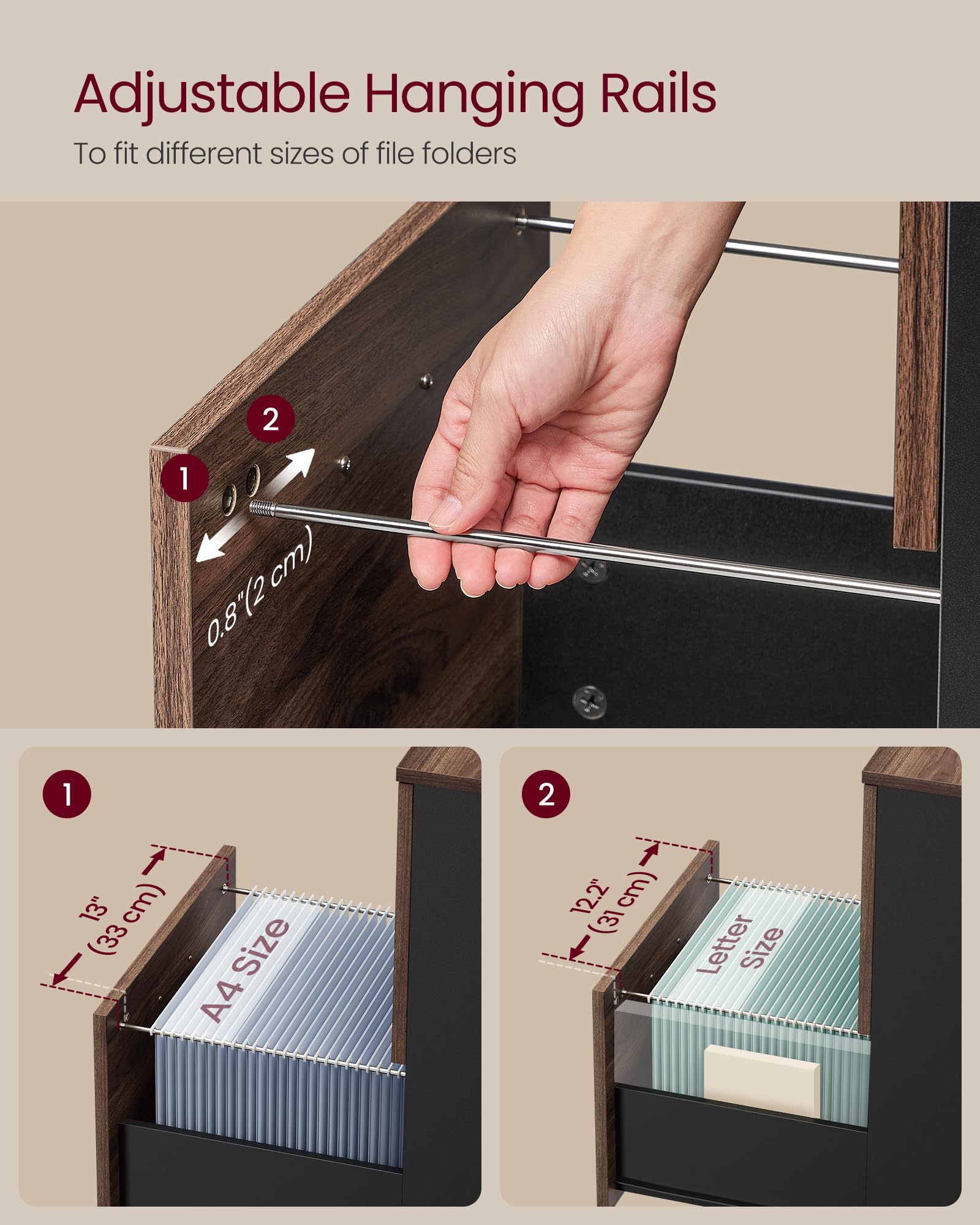 VASAGLE 2-Drawer Mobile Filing Cabinet - A4/Letter Size Support | Natural Walnut & Ink Black | 35kg Capacity 5