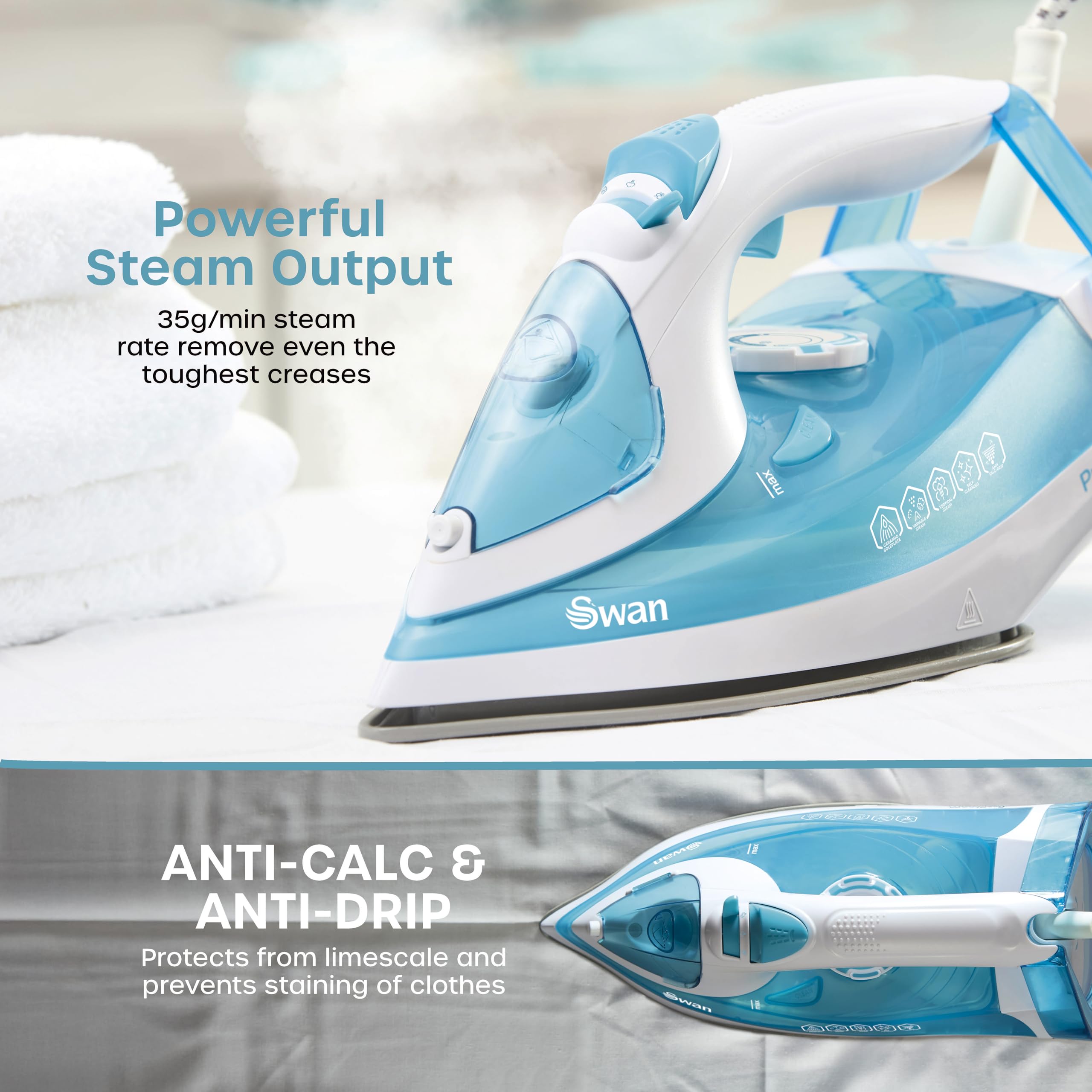Swan SI12054AQ Steam Iron - 2600W Power | Ceramic Soleplate | Anti-Calc & Self-Clean 5