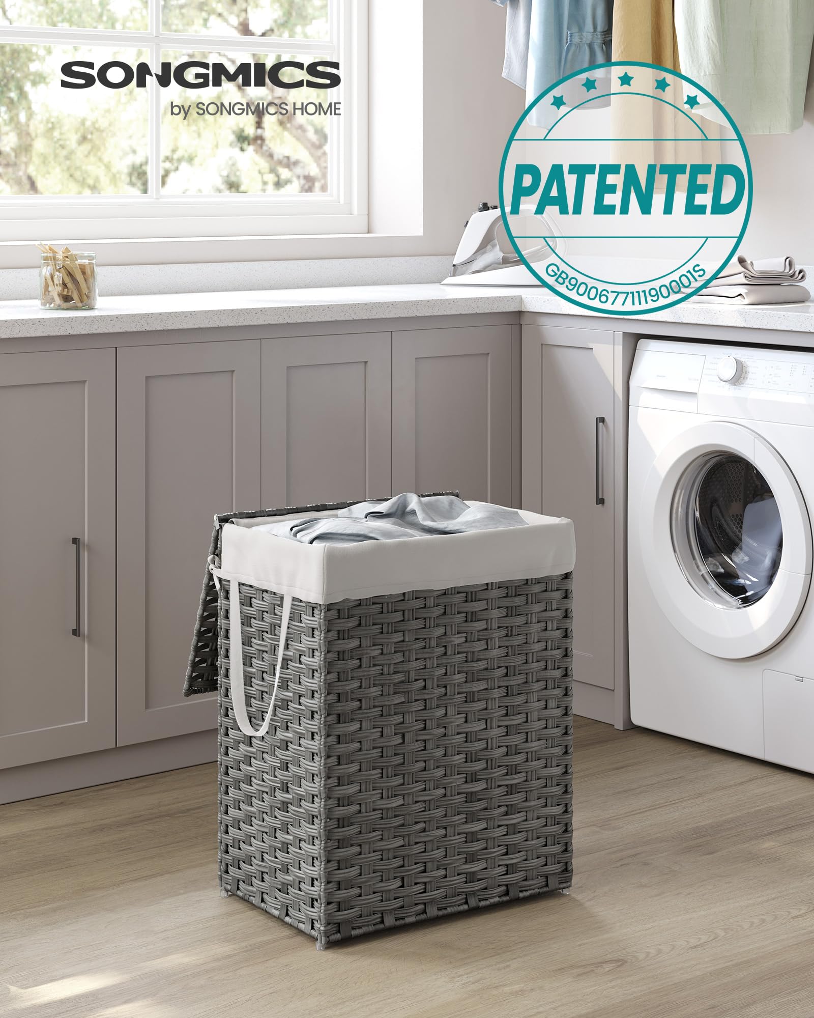 SONGMICS 90L Foldable Laundry Basket with Lid and Removable Bag | Grey | 46x33x60cm 2