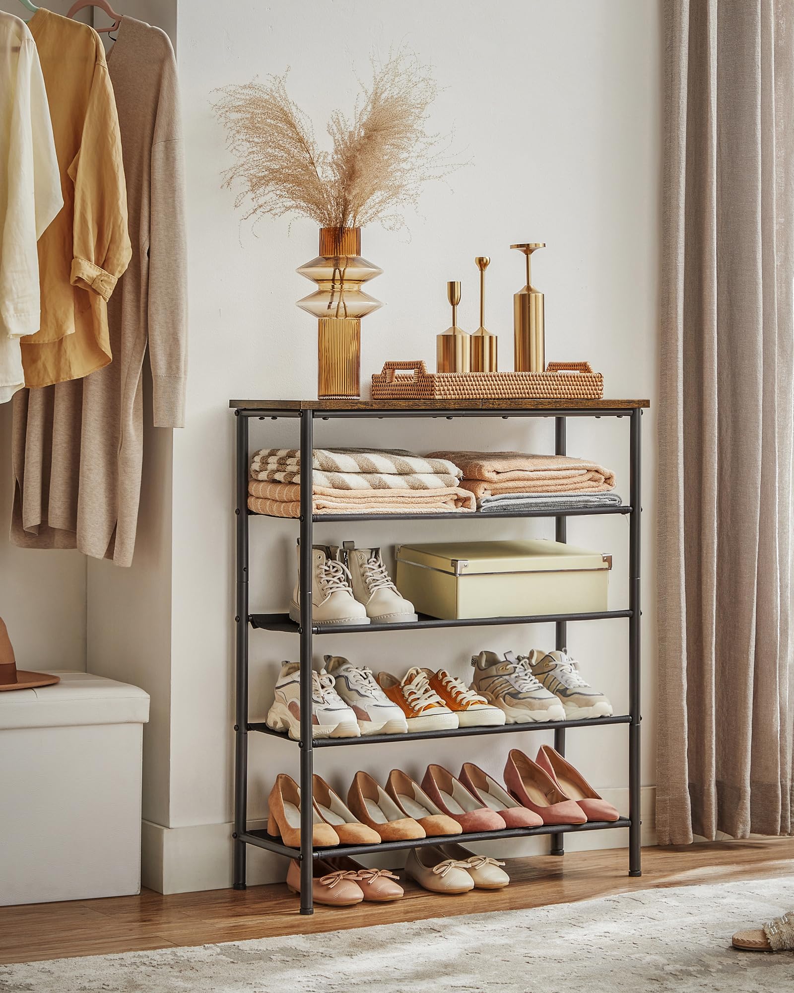 VASAGLE 5 Tier Shoe Rack - Narrow Storage Organiser for Hallway, Rustic Brown+Black 4
