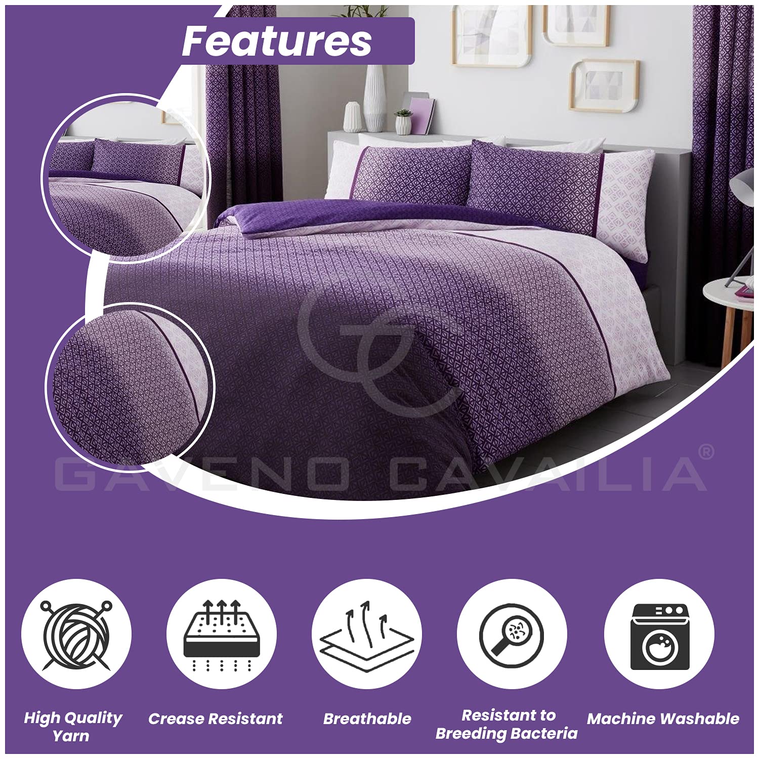 GC GAVENO CAVAILIA Urban Ombre Polycotton Duvet Cover Set | King Size | Purple | 3 Pieces 3