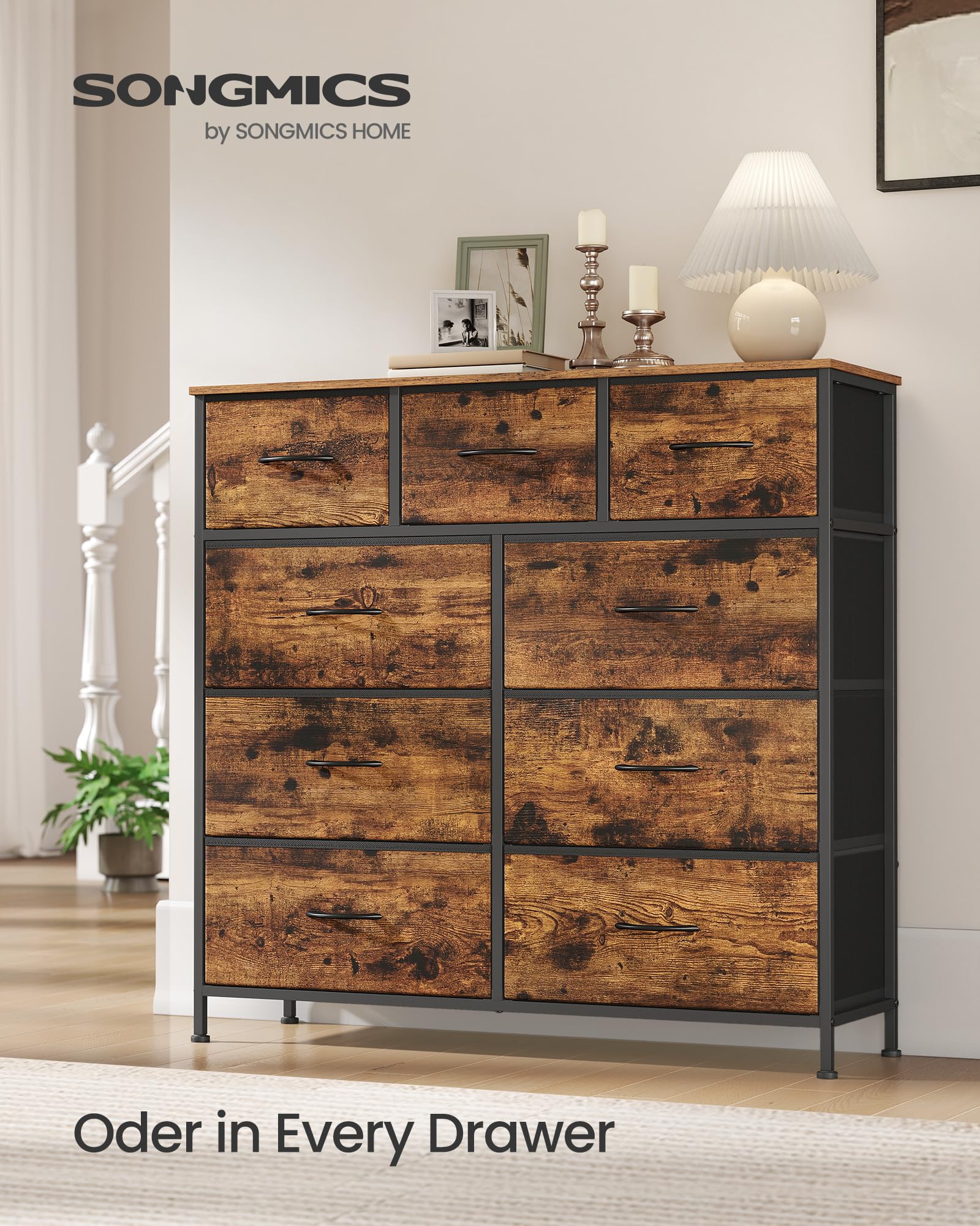 SONGMICS Chest of Drawers - 9 Storage Drawers | Steel Frame | Rustic Brown & Ink Black 3