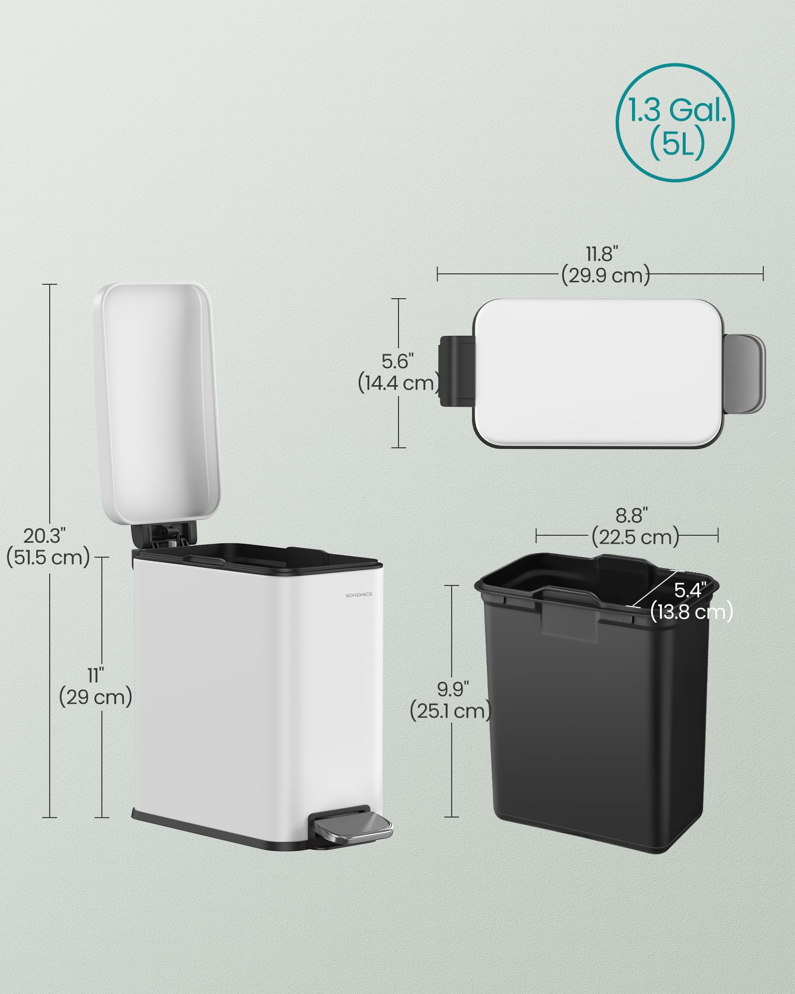 SONGMICS Slim Pedal Bathroom Bin with Lid - 5L Capacity | Rust-Resistant Steel | White 7