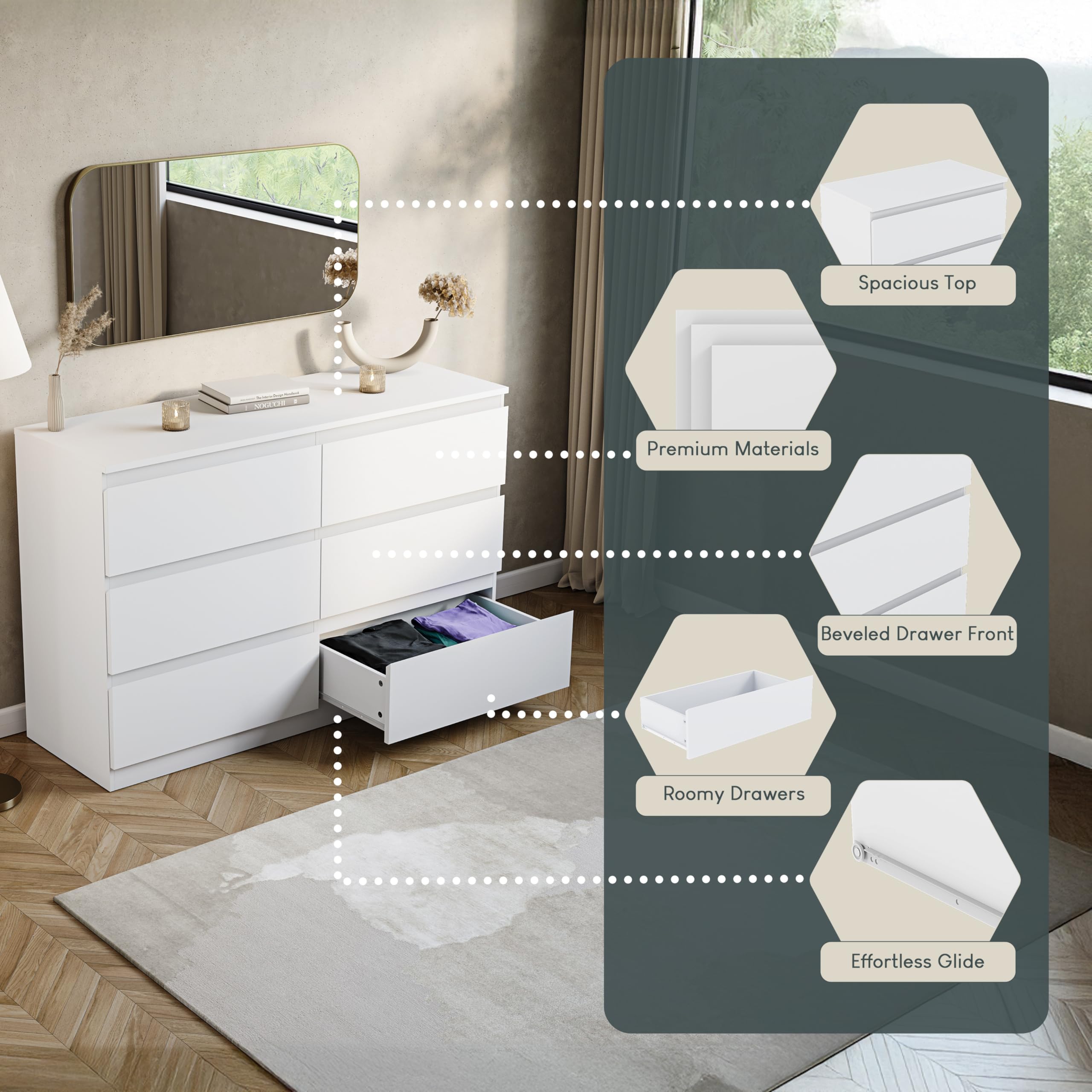 Vida Designs Denver 6 Drawer Chest of Drawers - White Wooden Storage Unit | 40D x 120W x 77H cm 5