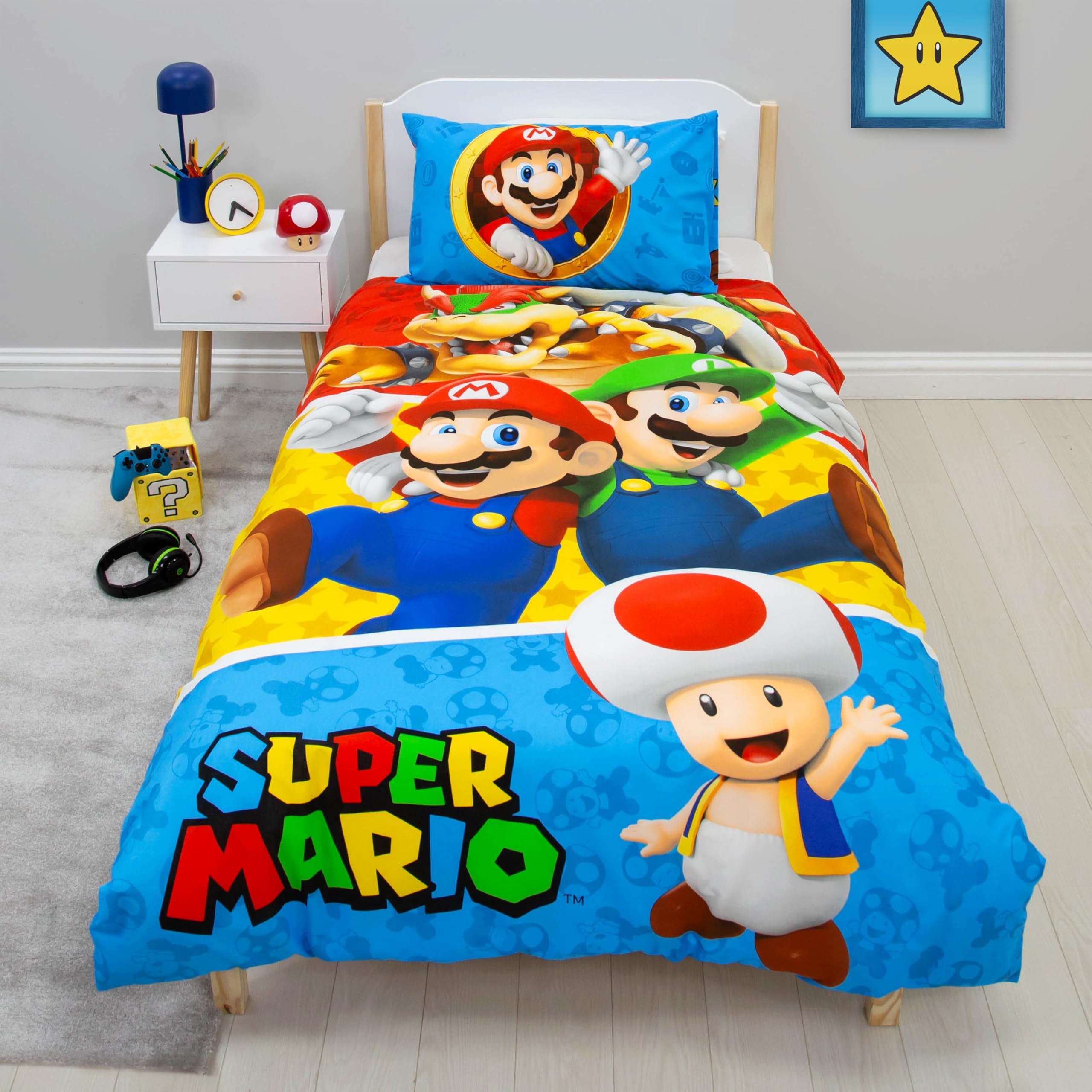 Character World Nintendo Super Mario Official Single Duvet Cover Set, Reversible Splitter Design 5