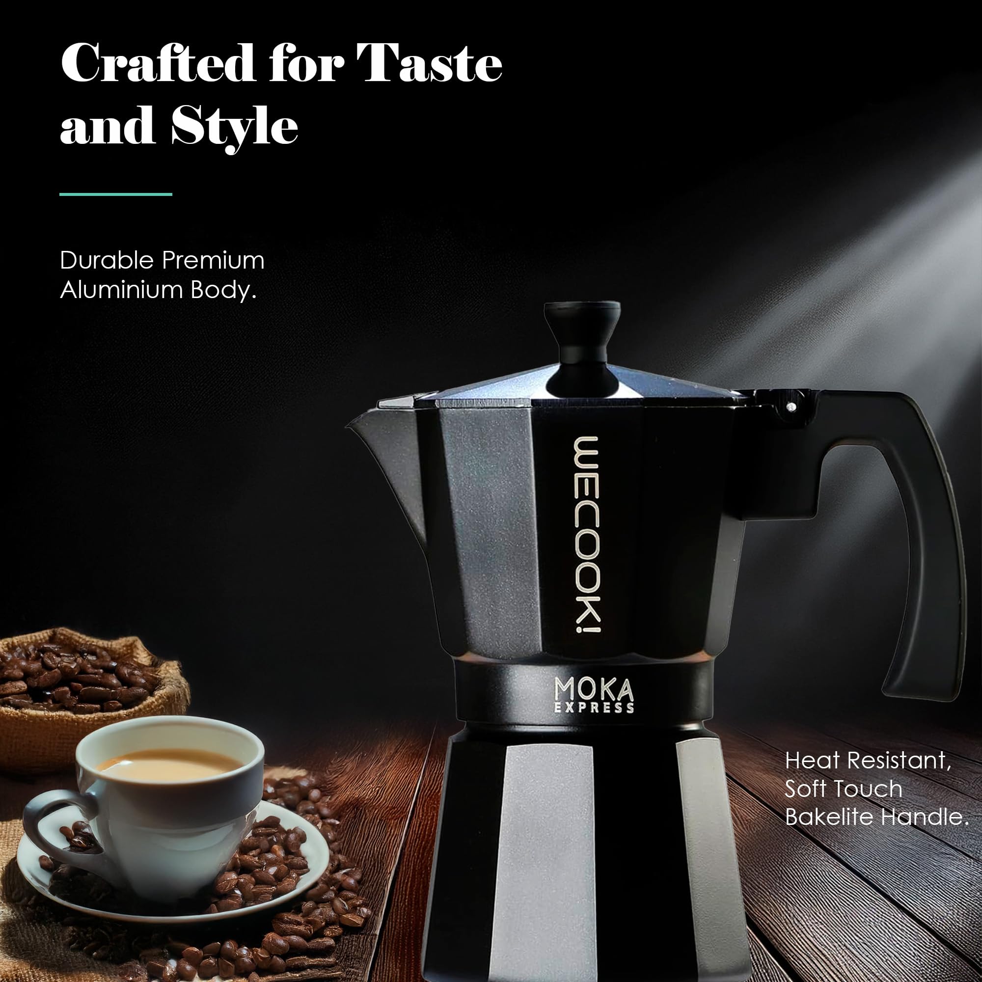 WECOOK! Bella Moka Pot Espresso Maker - Aluminum, 3 Cups | Black/White 5