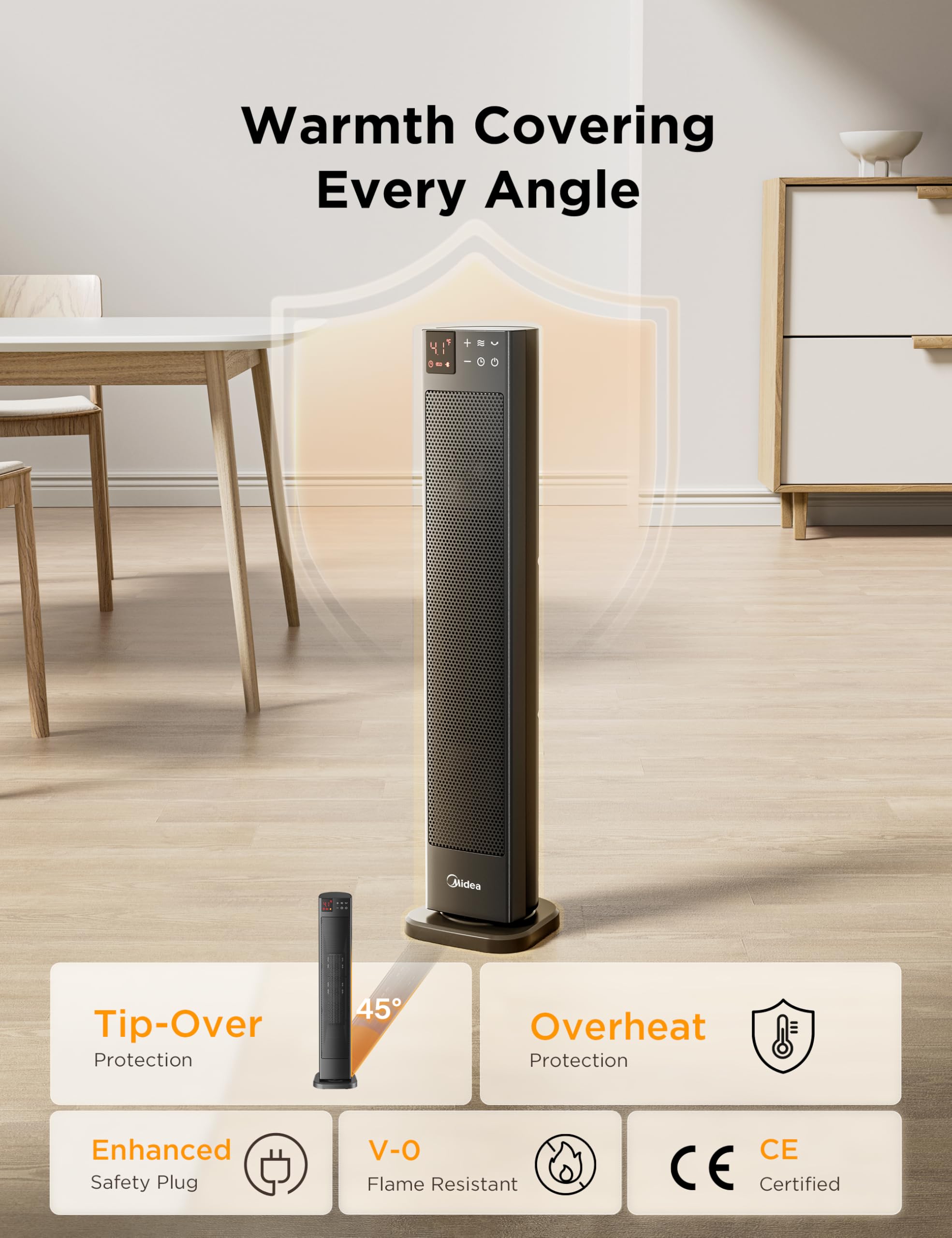 Midea 30 Inch Tower Ceramic Heater - 2000W, 75° Oscillation, Remote Control, 24H Timer 5