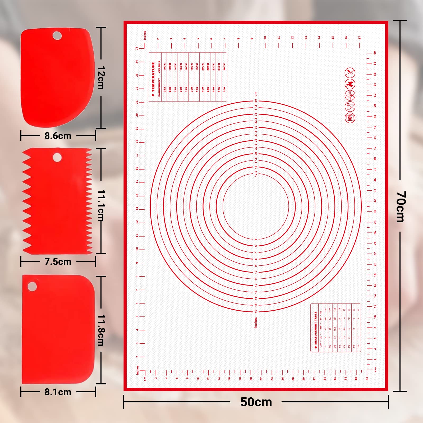 Alyvisun Silicone Baking Pastry Mat - 70x50CM Non-Stick, Reusable, Includes 3 Dough Scrapers 3