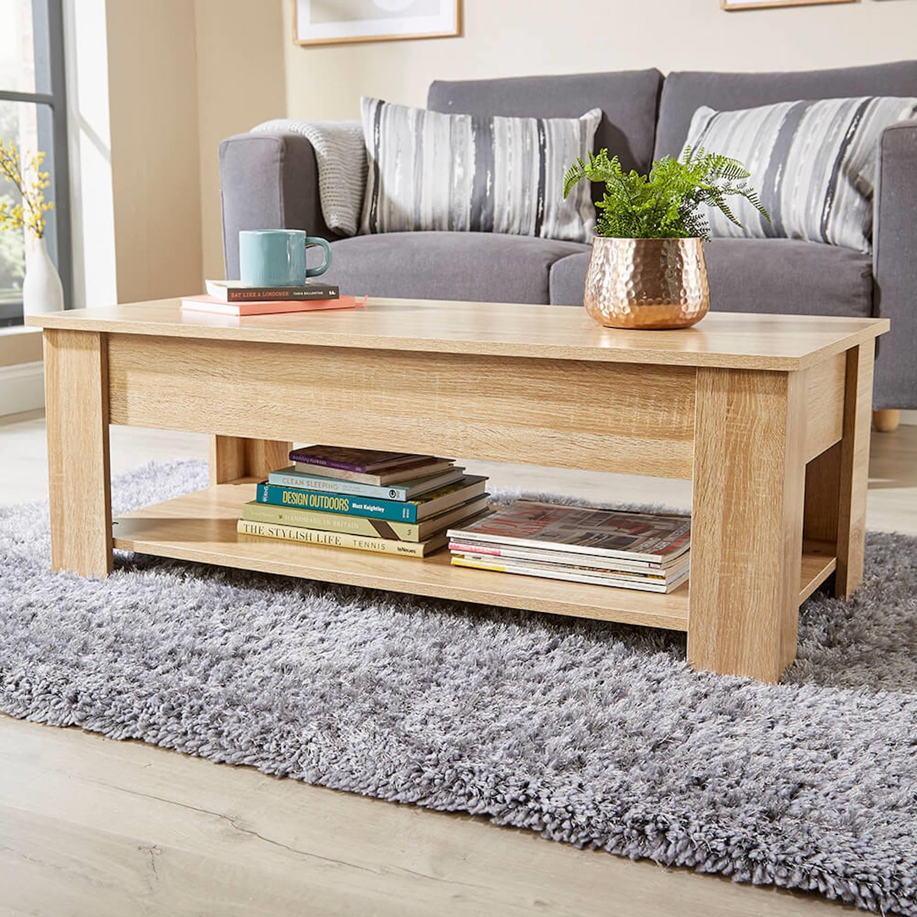 Home Source Modern Coffee Table with Lift Top Storage and Magazine Shelf | Oak Effect | 100cm 6