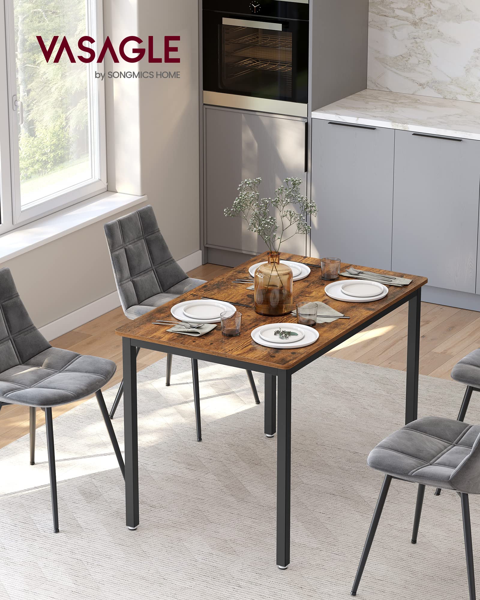 VASAGLE Dining Table for 4 People - Industrial Style | 110 x 70 cm | Rustic Brown & Black