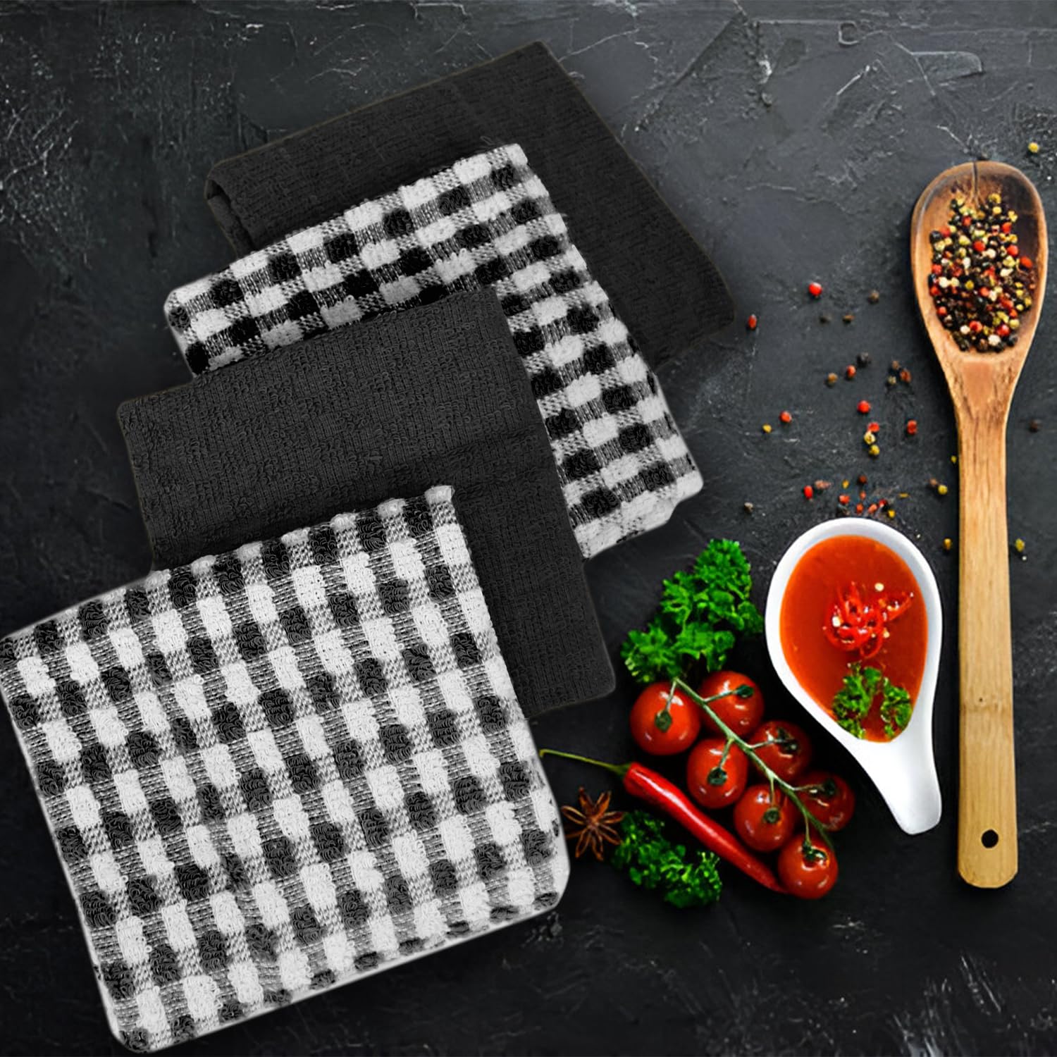 Casabella Pack of 6 Terry Cotton Kitchen Tea Towels - Black | Highly Absorbent | 45x65cm 6