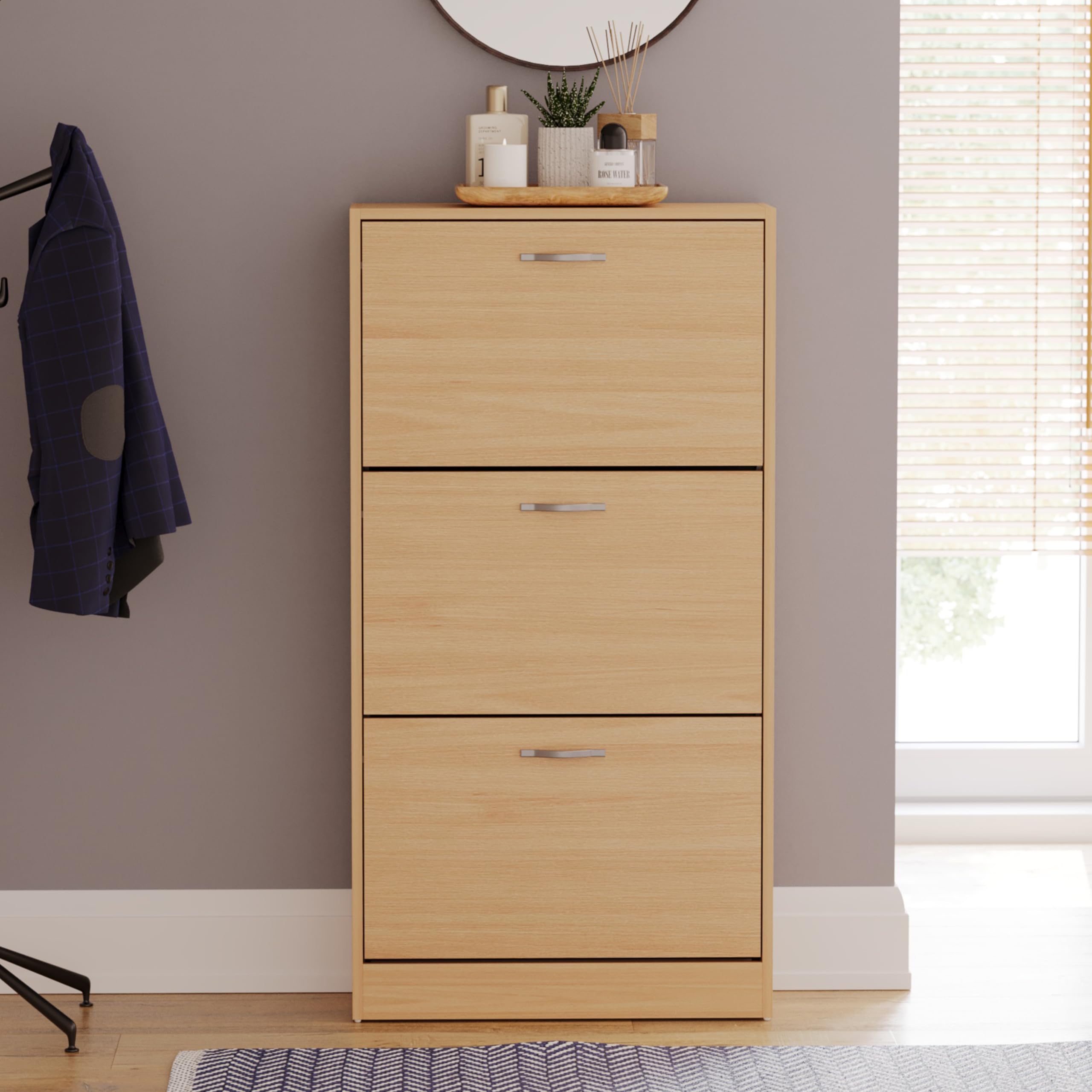 Vida Designs Wooden Shoe Cabinet - 3 Pull-Down Drawers | Slim Space-Saving Design | Pine 4