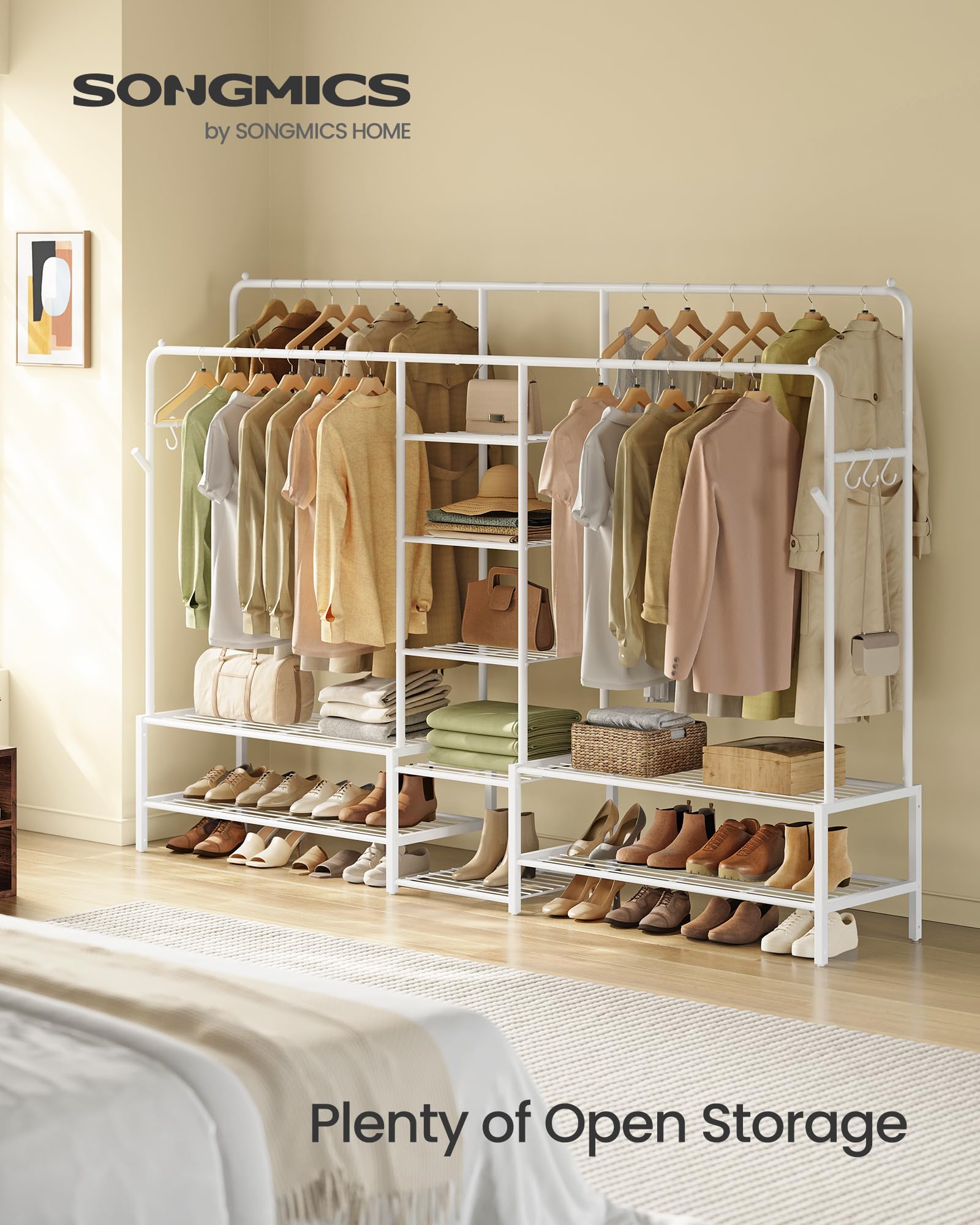 SONGMICS Open Wardrobe Clothes Rack - 4 Rails, 9 Shelves, 2 Hooks | White Alloy Steel 2