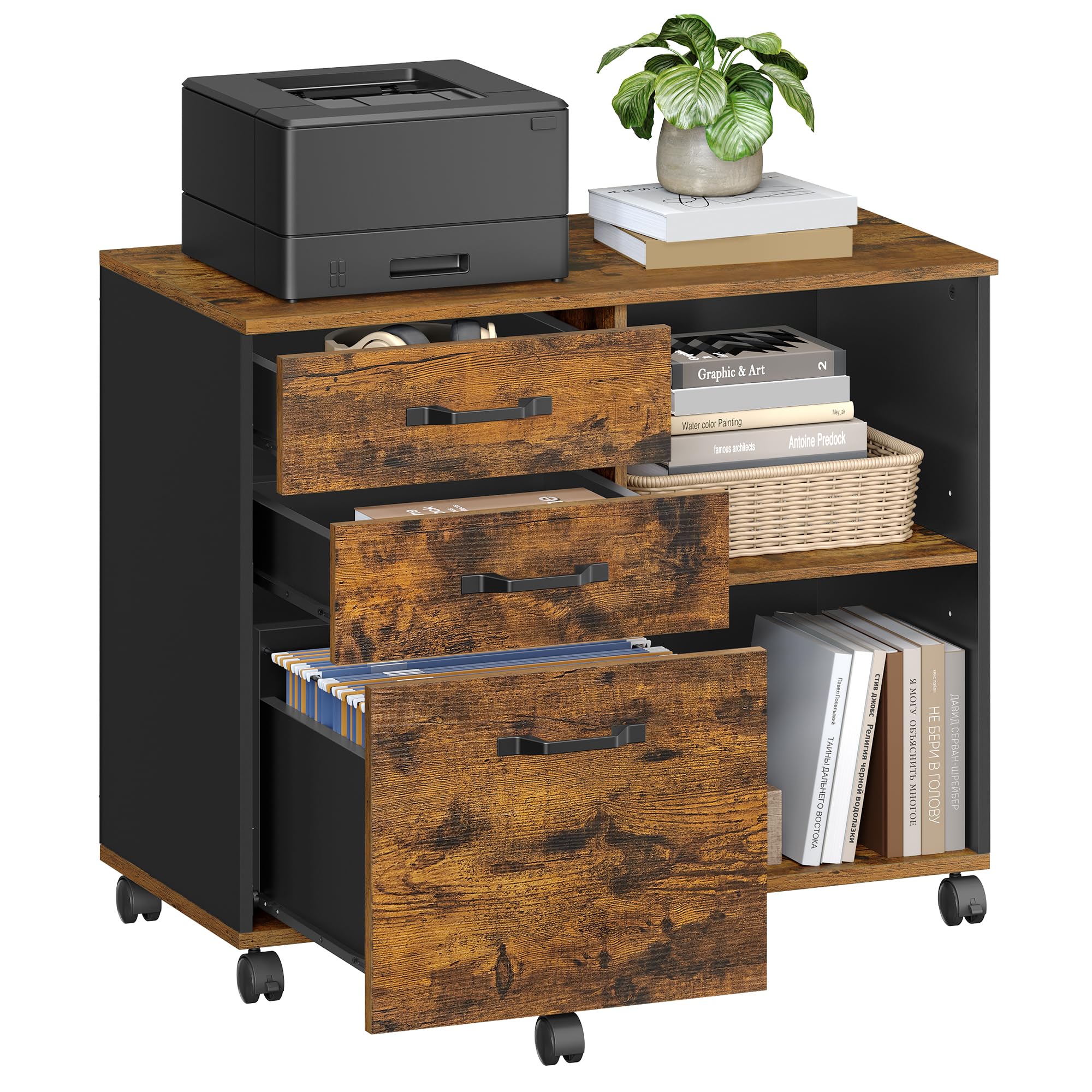 VASAGLE 3 Drawer Mobile File Cabinet | Lateral Open Compartments | Rustic Brown+black