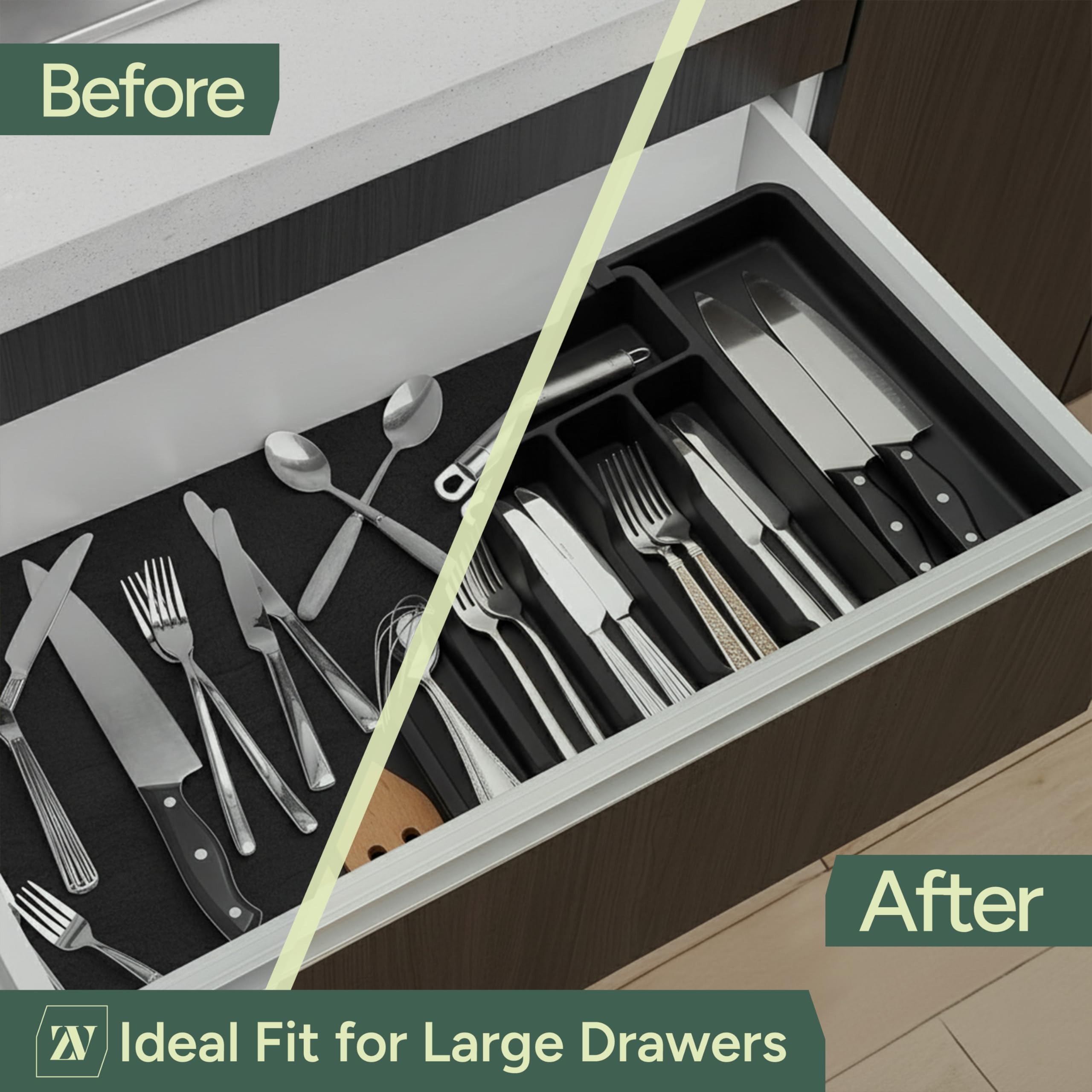 Zuvo Expandable Plastic Cutlery Tray Organiser - Black | 570x380x50mm | Premium Durable Storage 6
