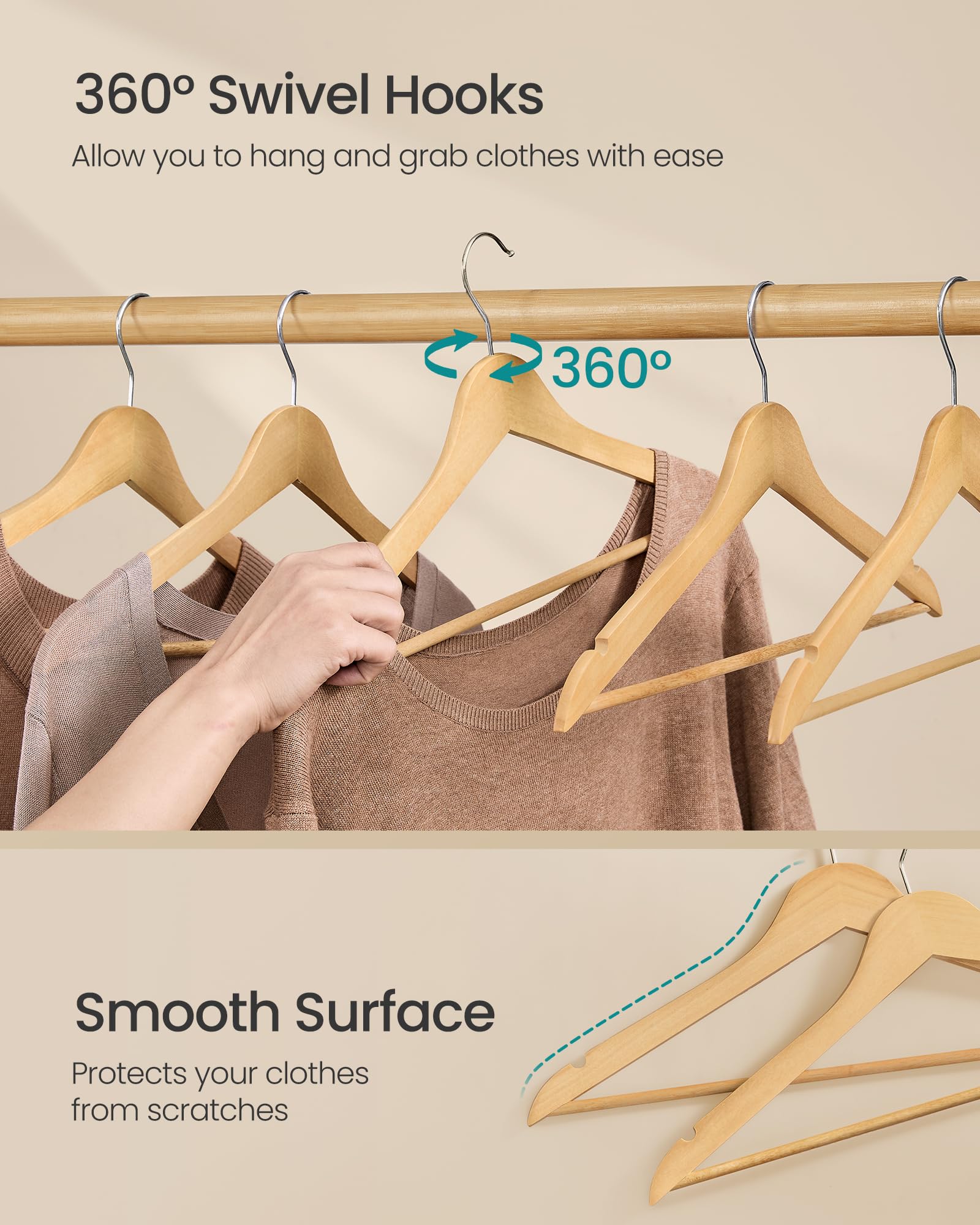 SONGMICS Wooden Hangers - 10 Pack Coat Hangers with Pants Bar | 0.8cm Slim Design | 5kg Capacity 6