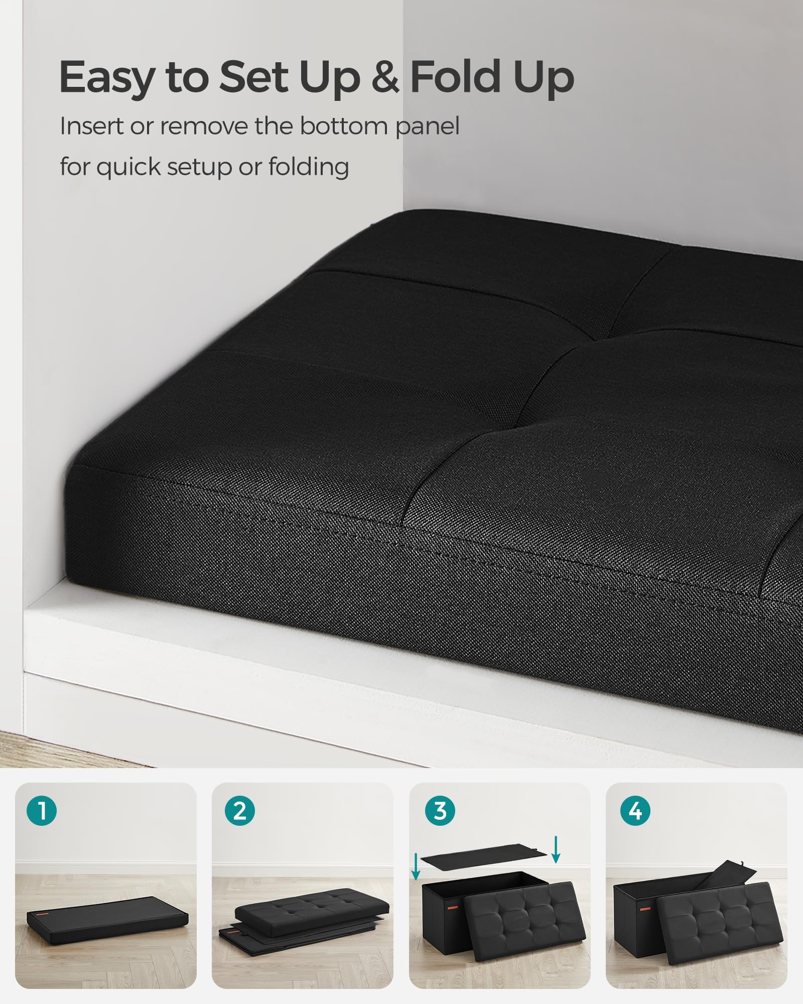 SONGMICS MAZIE Storage Ottoman Bench - 76 cm Folding Foot Rest | 89L Capacity | Ink Black 6