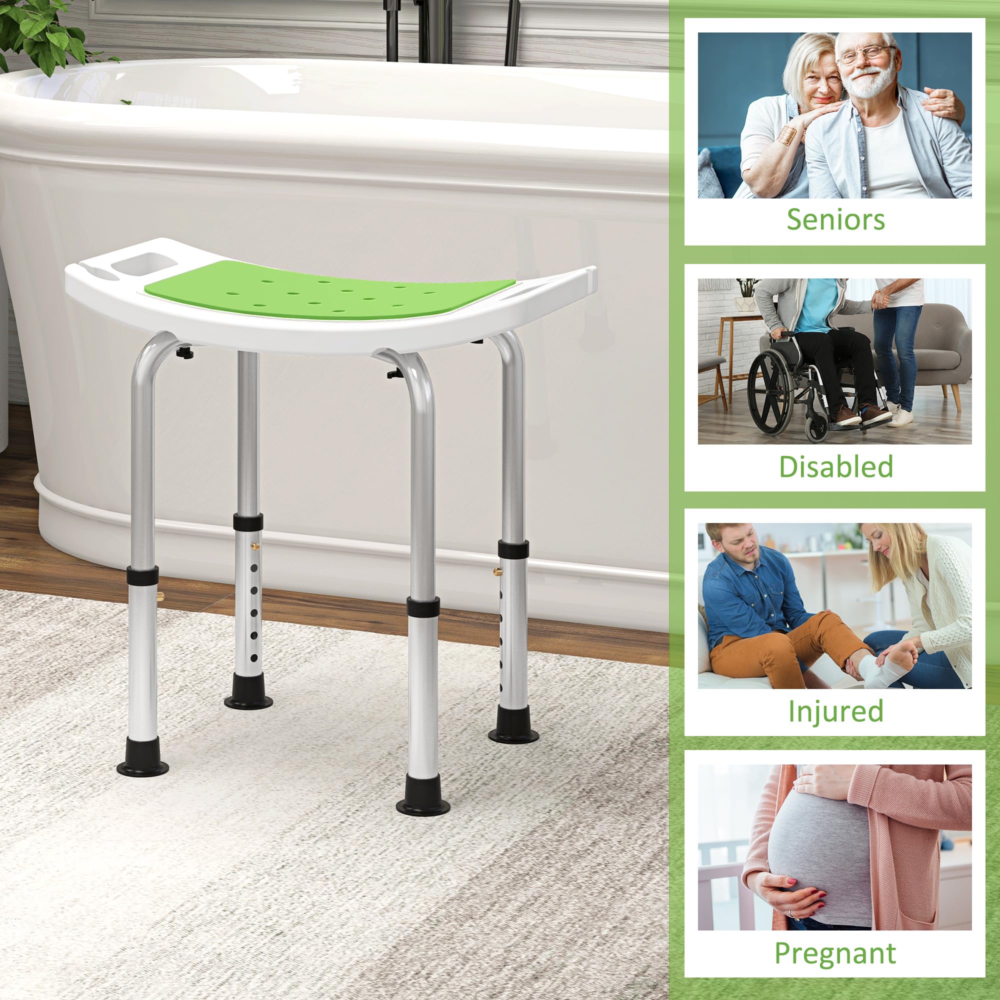 HOMCOM Shower Chair - Adjustable Height (39-52cm) | Aluminium Frame | Max Load 135kg | Green 6