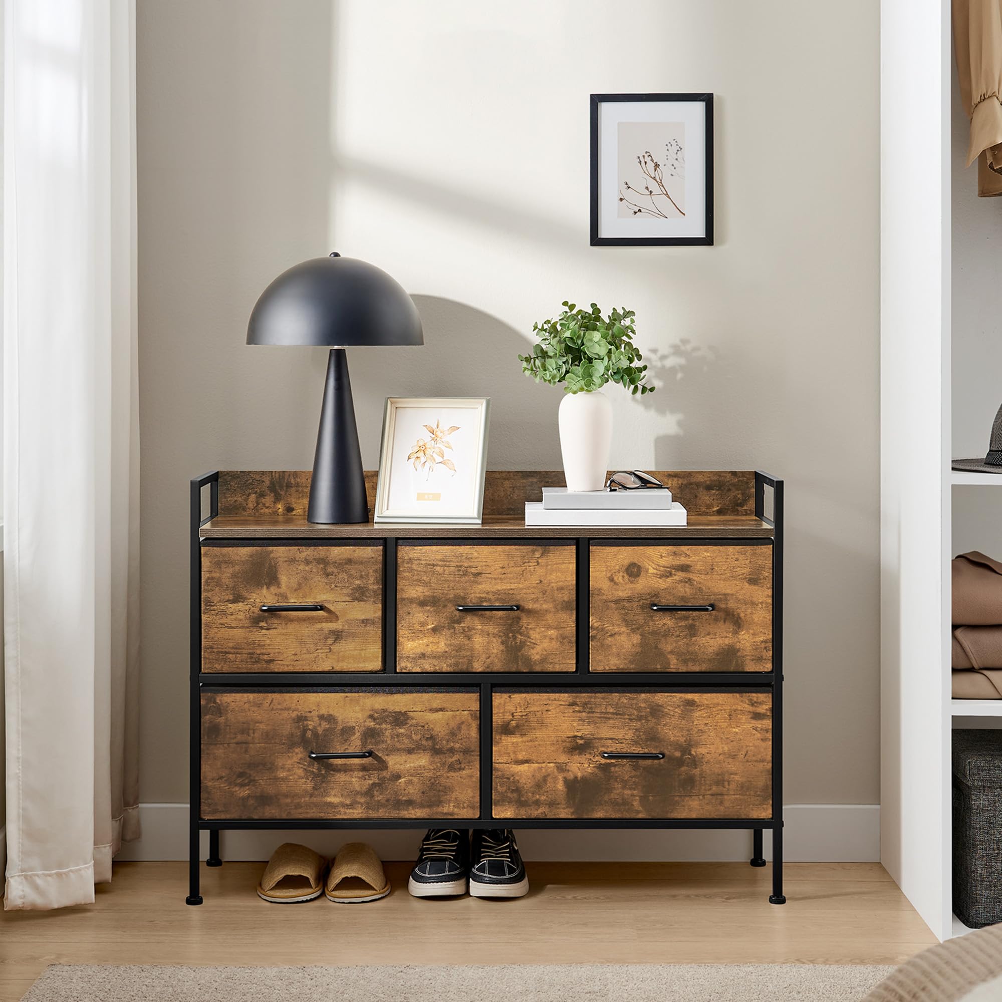 SONGMICS Chest of Drawers - 5 Fabric Drawers, Steel Frame, Rustic Brown/Ink Black | 98.2W x 70H cm 2