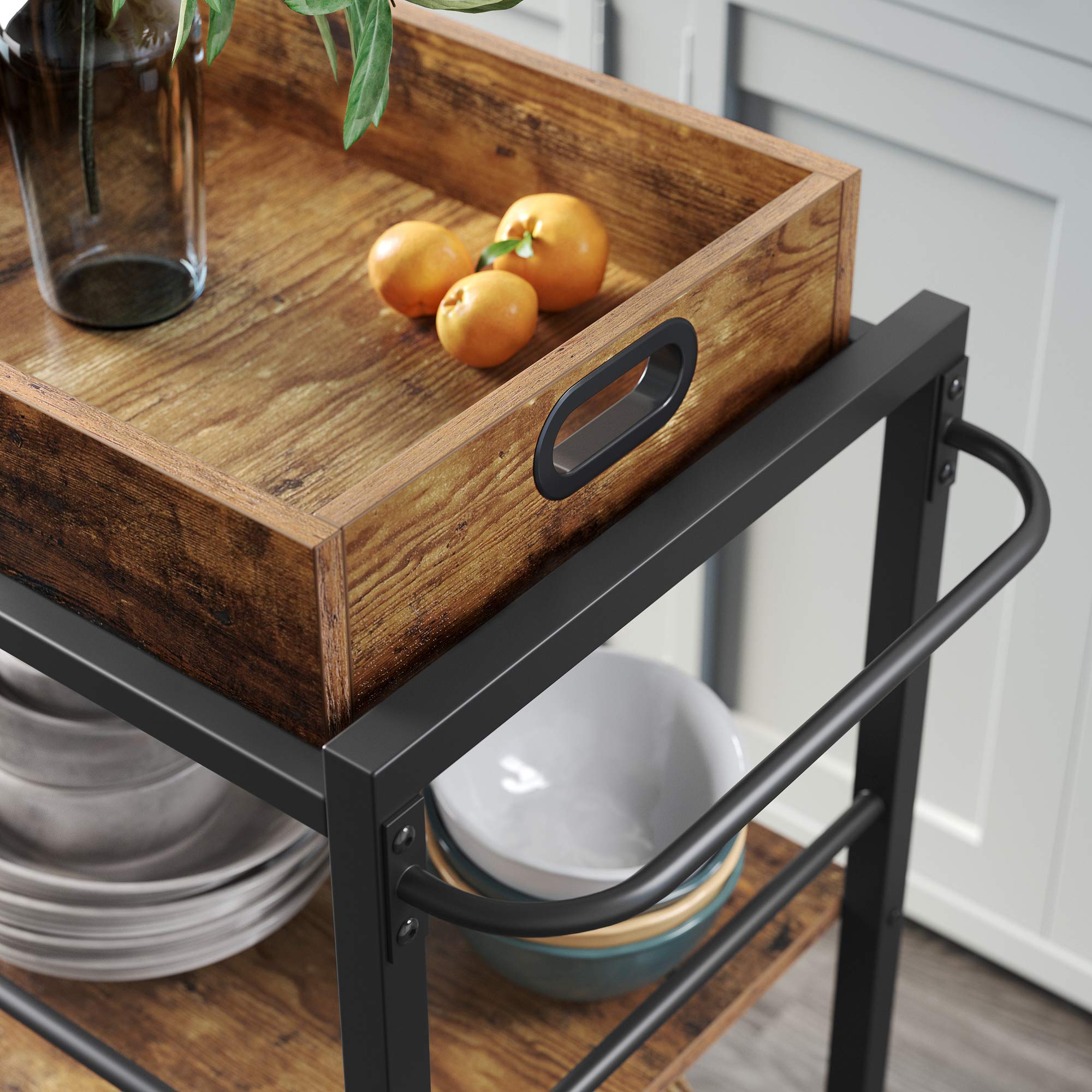 VASAGLE Kitchen Serving Cart with Removable Tray - 3-Tier Utility Cart | Rustic Brown & Black 8