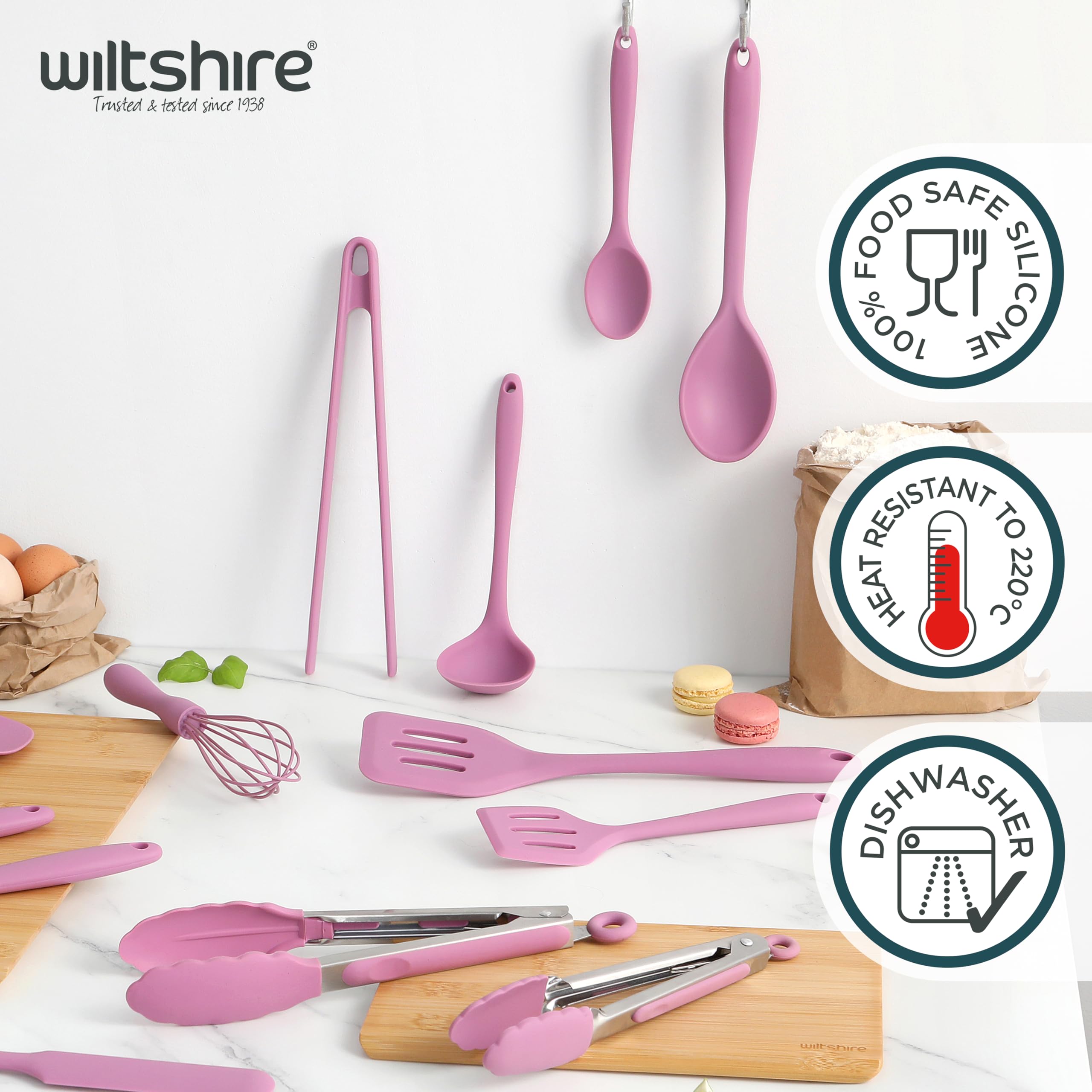 Wiltshire Mini Silicone Kitchen Tongs - 18cm, Heat-Resistant up to 220°C, Non-Stick Safe | Studio Pink 3
