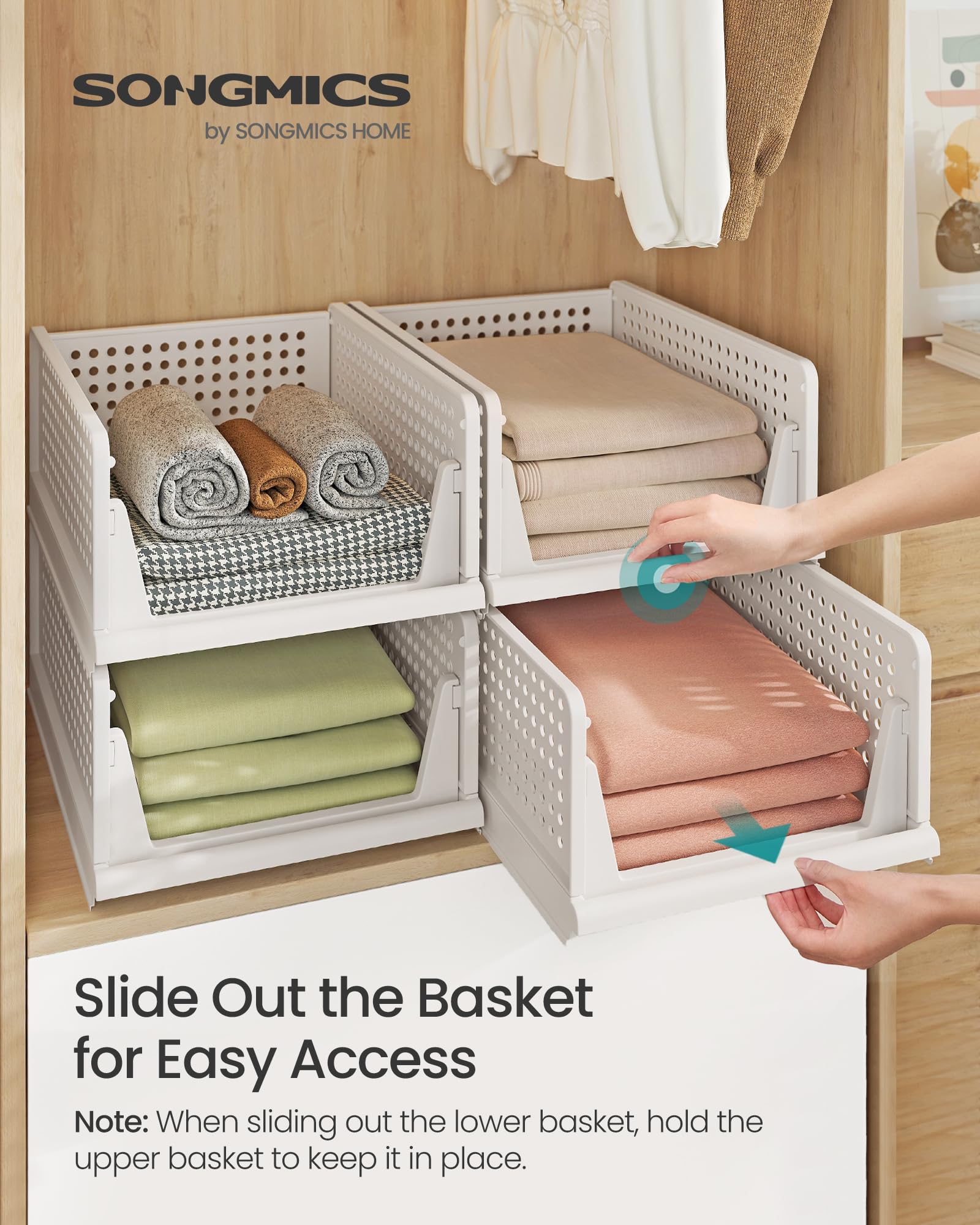 SONGMICS Set of 4 Stackable Foldable Closet Organiser Baskets | White PP Plastic | 43x33x71cm Total 3