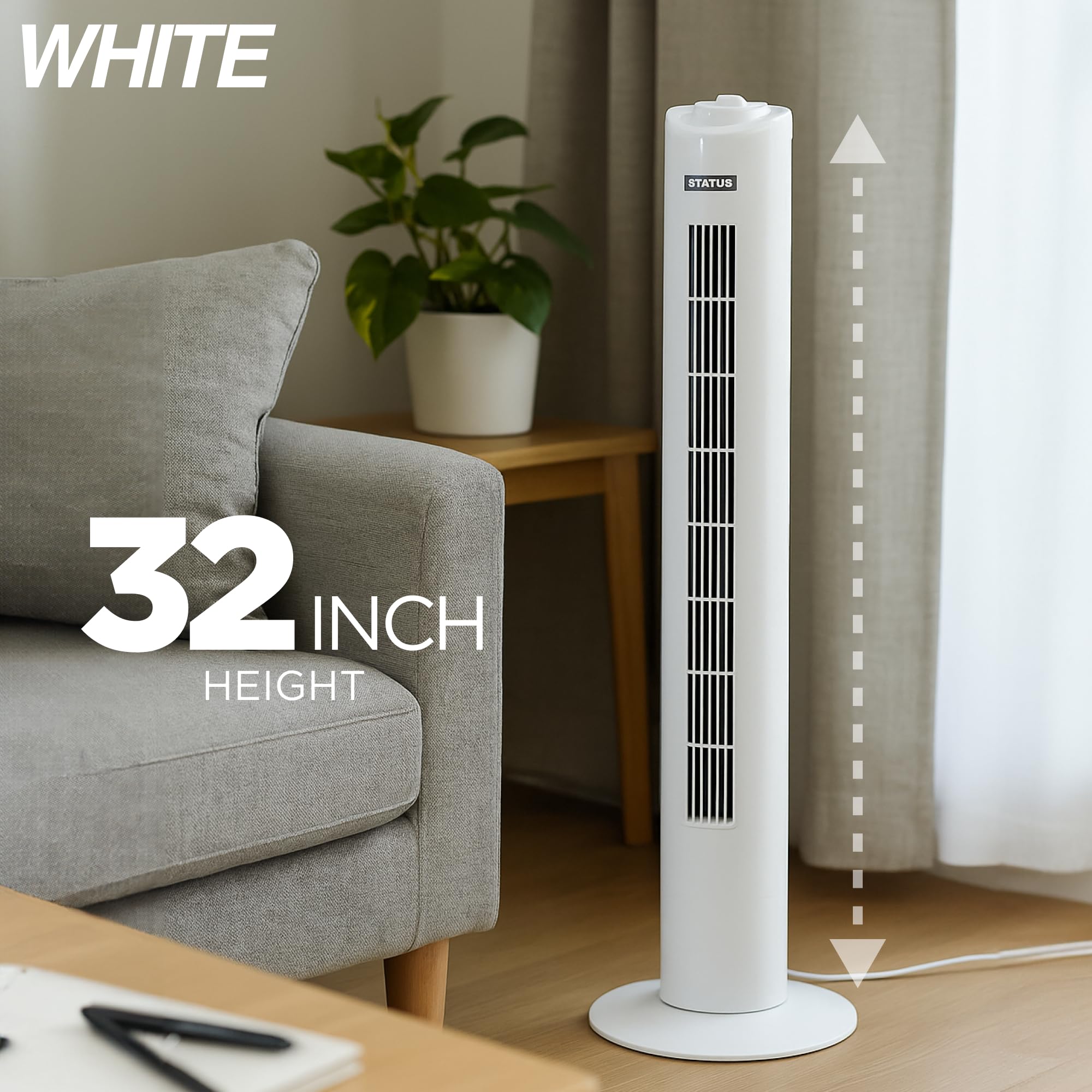 Status 29 Inch Portable Tower Fan - 3 Speed Oscillating Cooling | White Plastic 5