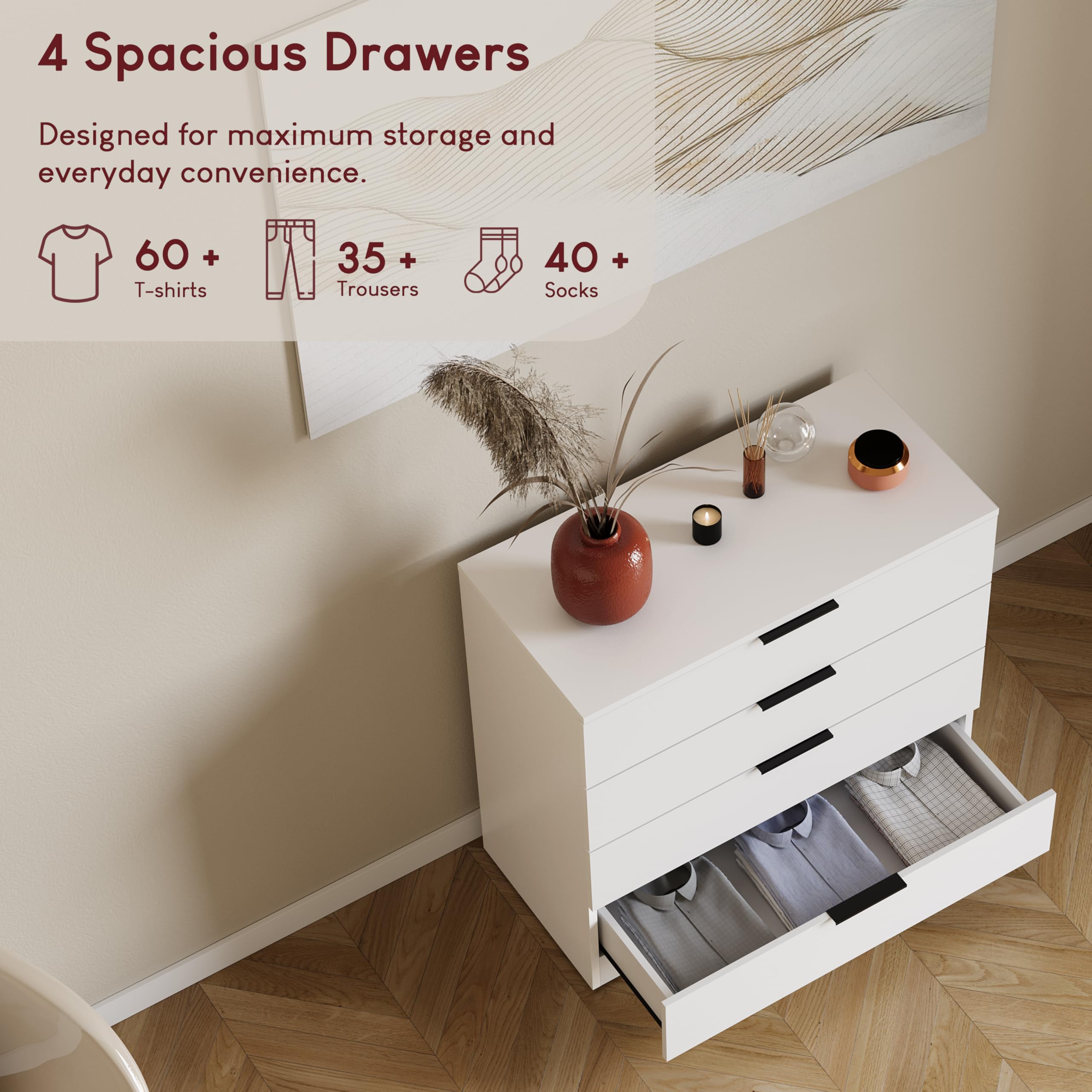 Vida Designs Trega 4 Drawer Chest of Drawers - White | 74H x 66W x 36D cm | Engineered Wood 4