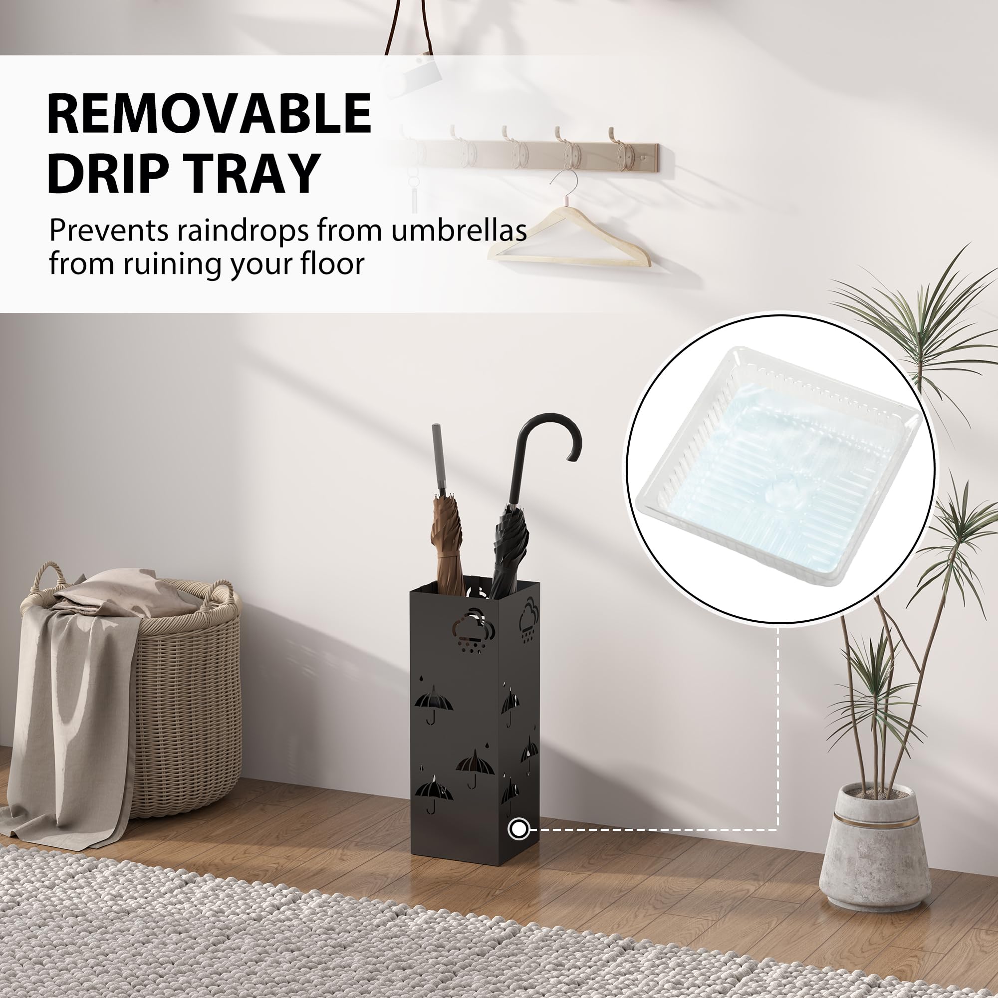 HOMCOM Metal Umbrella Stand with Drip Tray and 4 Hooks | Black | 15.5 x 15.5 x 41 cm 3