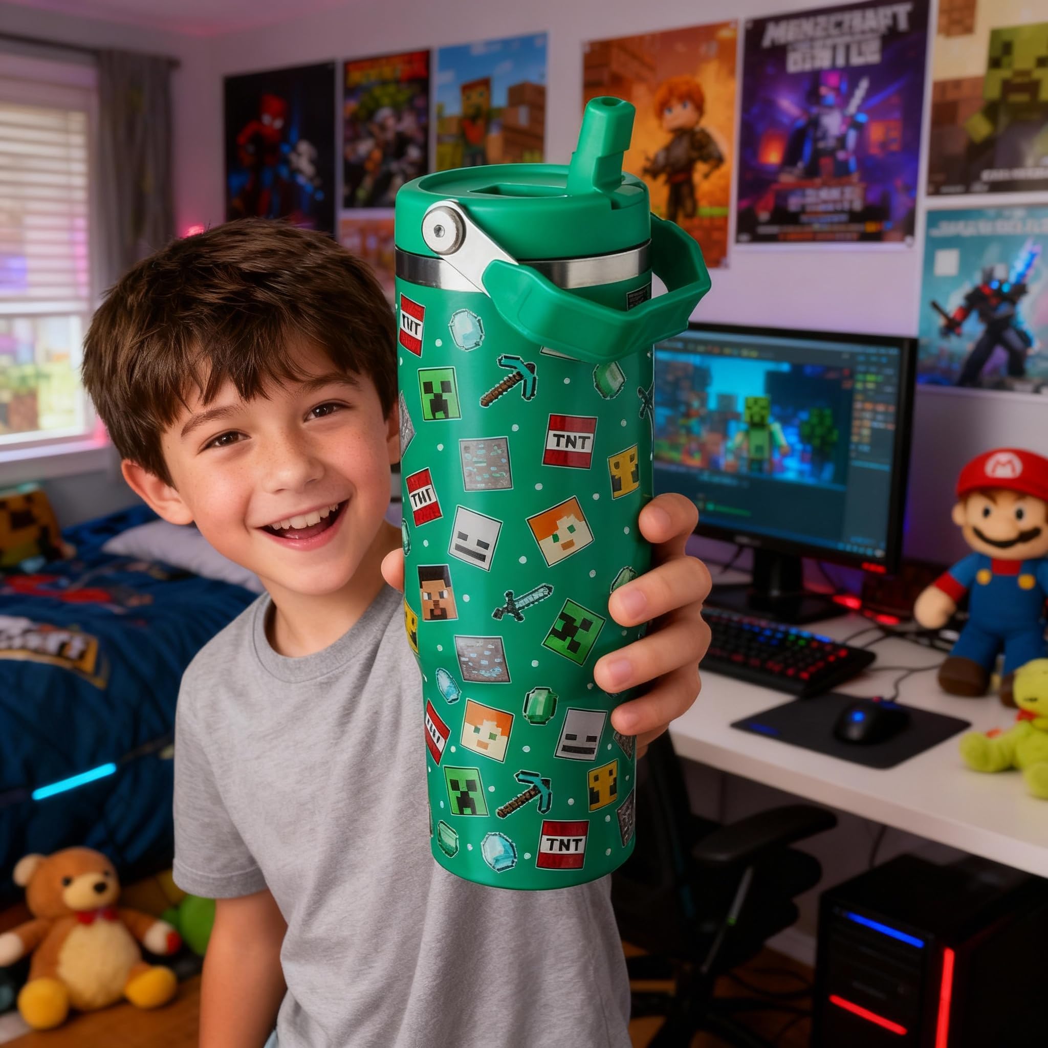 HOX Minecraft 900ml Thermal Travel Mug Water Bottle Tumbler - Leakproof Straw & Handle 5