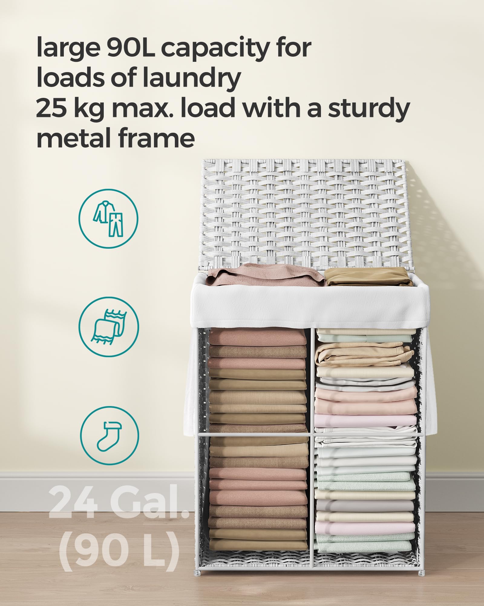 SONGMICS Handwoven Laundry Basket - 90L Capacity, Foldable, White Synthetic Rattan Hamper with Lid 5