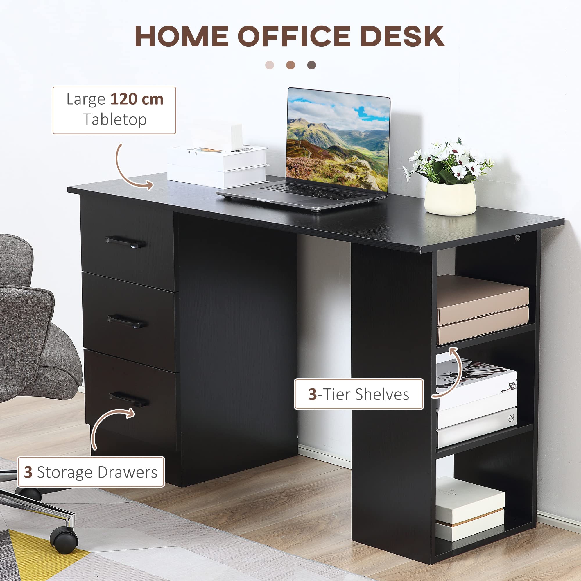 HOMCOM Computer Desk with Drawers and Shelves - Reversible Layout | 120 x 49 cm | Black 4