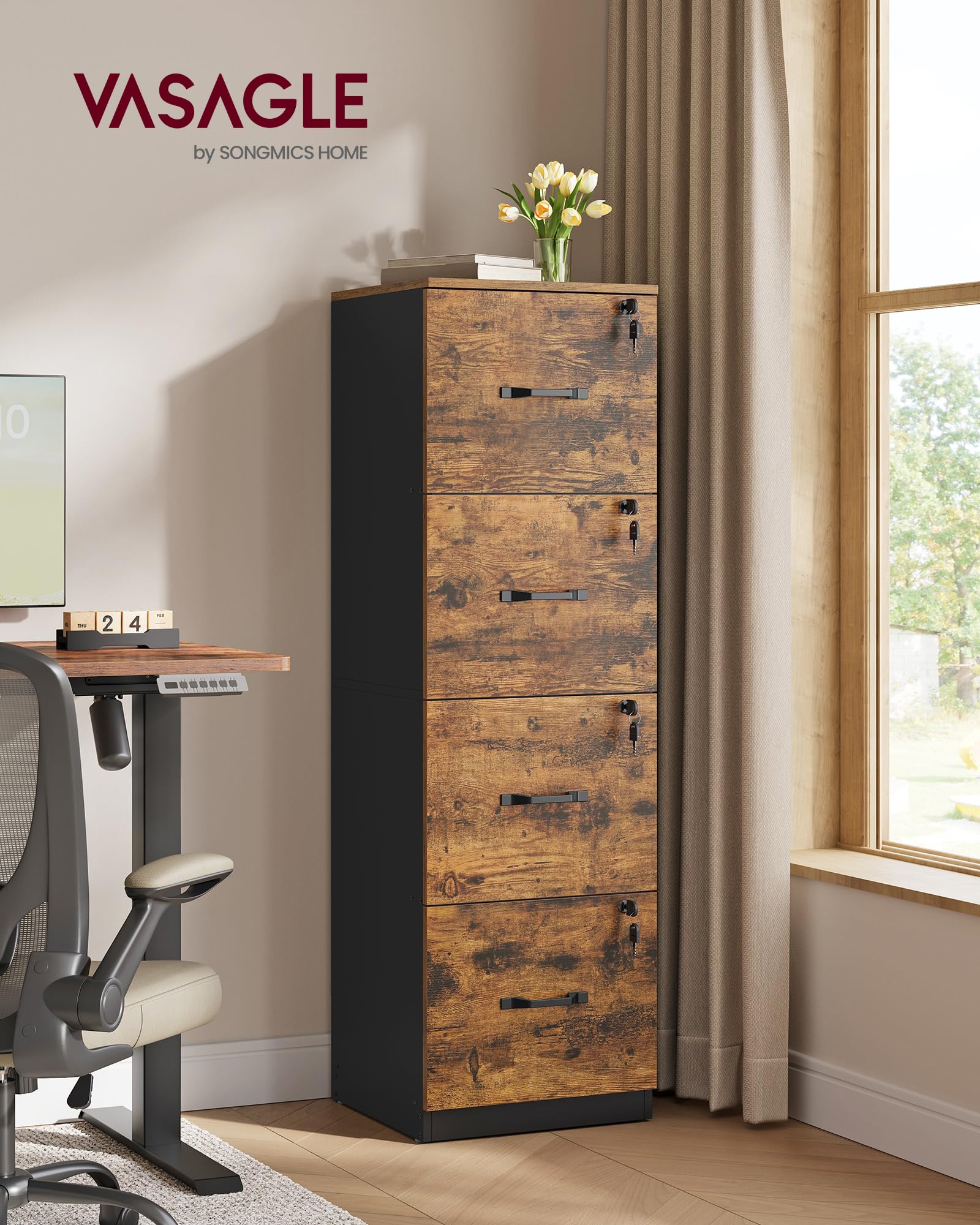VASAGLE Vertical File Cabinet - 4 Lockable Drawers, Adjustable Rails for A4/Letter Files | Rustic Brown/Ink Black