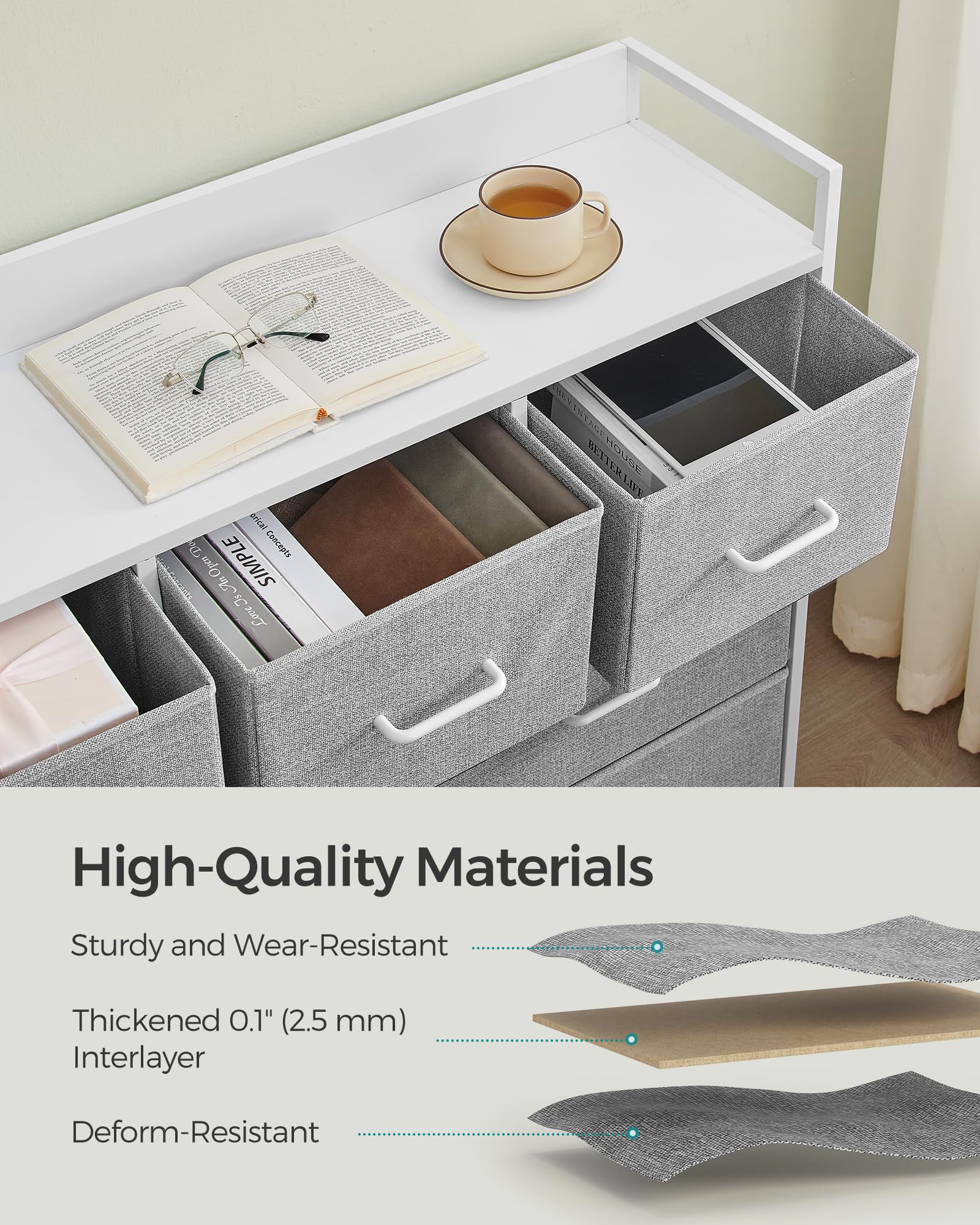 SONGMICS Chest of Drawers - 7 Fabric Drawers | Metal Frame | Dove Grey & Cloud White | 98W x 85H cm 7