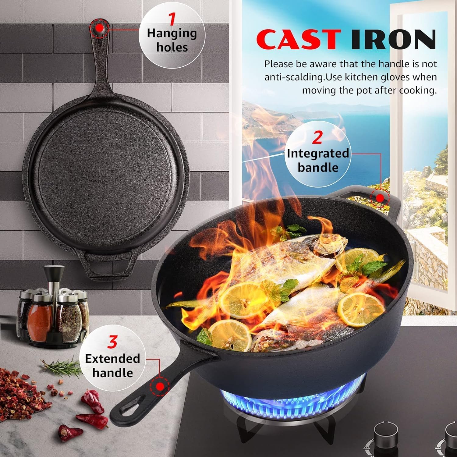 OVERMONT Cast Iron Dutch Oven with Lid - 3L Capacity, 26CM Diameter, Pre-Seasoned 6