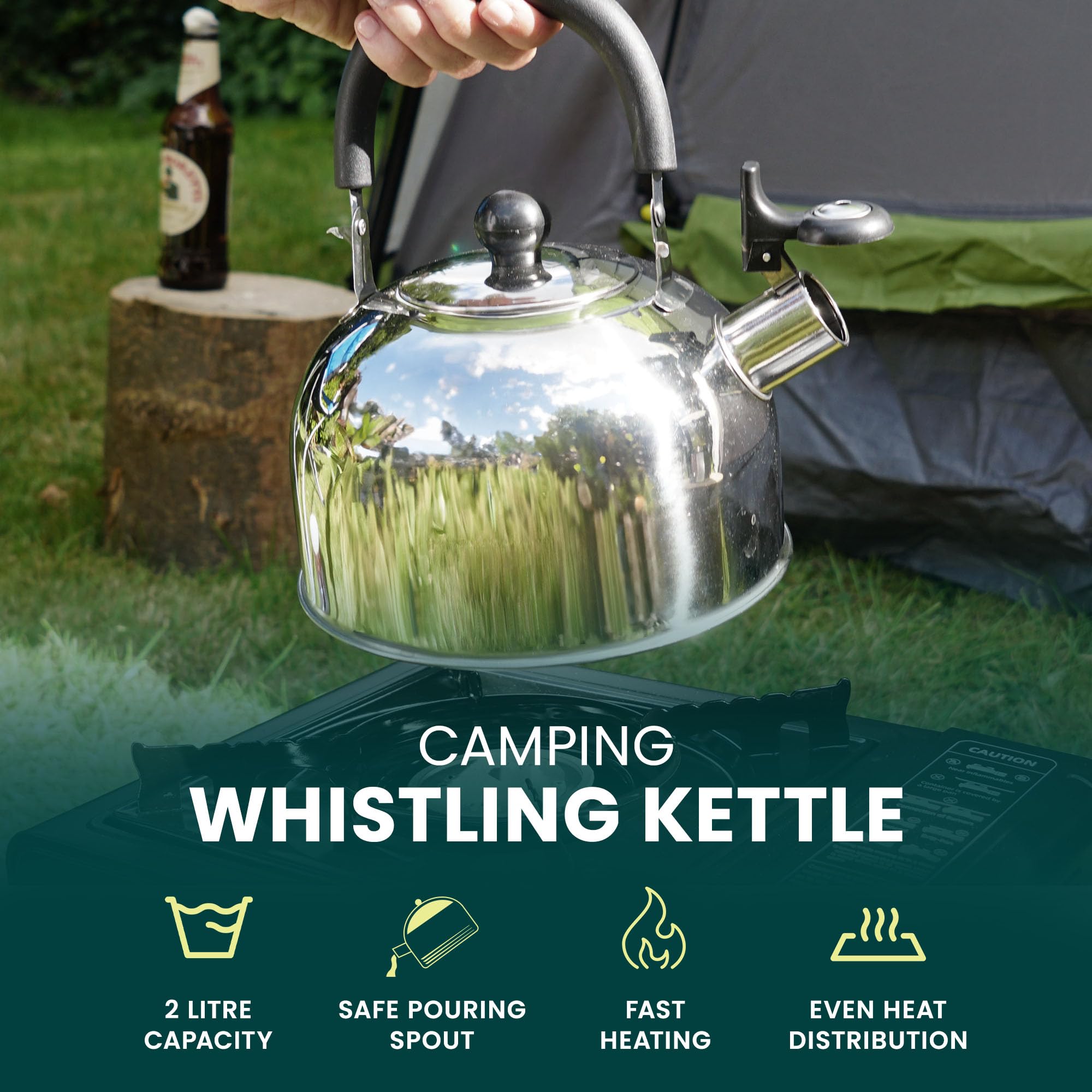 Green Haven 2L Stainless Steel Whistling Stovetop Kettle for Camping and Home Use | Silver
