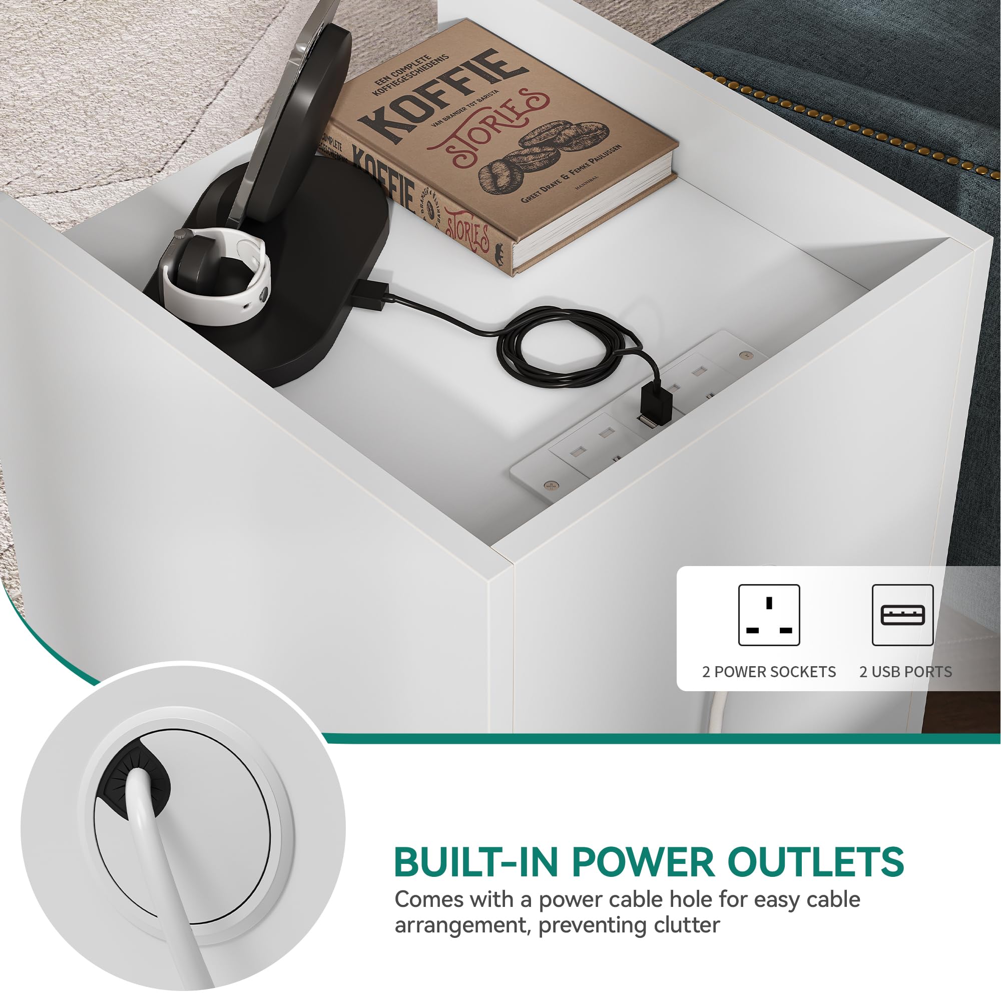 YITAHOME Bedside Table with 3 Drawers and Built-in Power Station | White Engineered Wood | 35x40x59cm 3