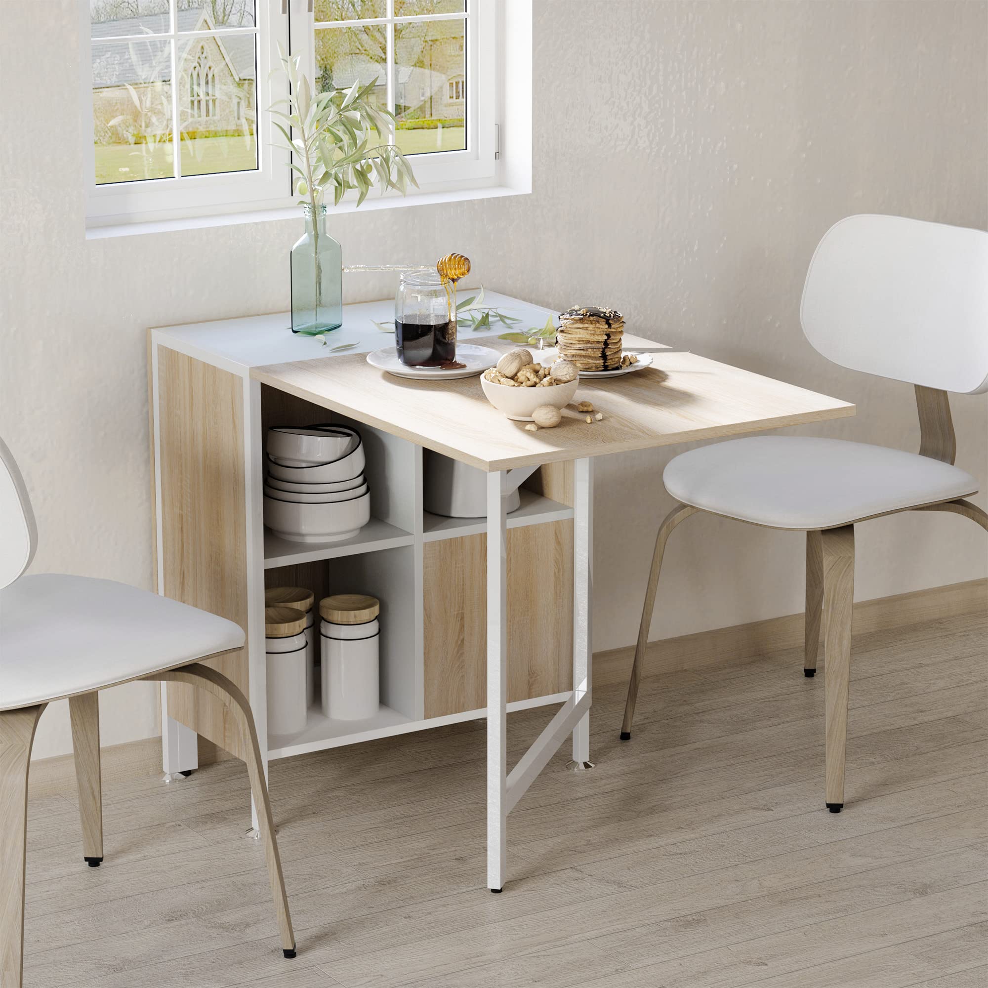 HOMCOM Foldable Drop Leaf Dining Table with Storage Shelf | Oak/White | Extends to 169L cm 9