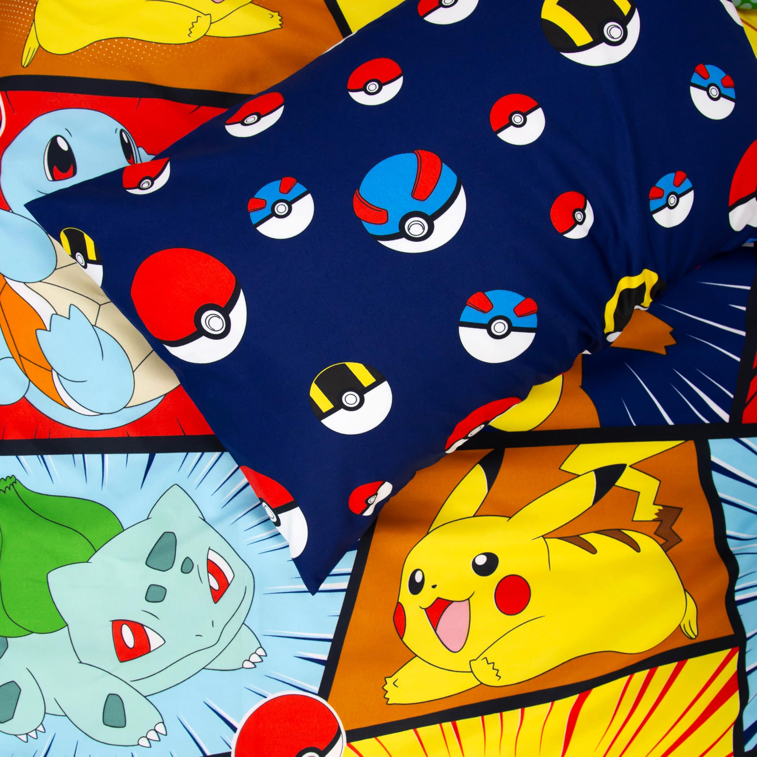 Pokémon Single Duvet Cover and Pillowcase Set - Reversible Pikachu & Starters Design | UK Single Size 9