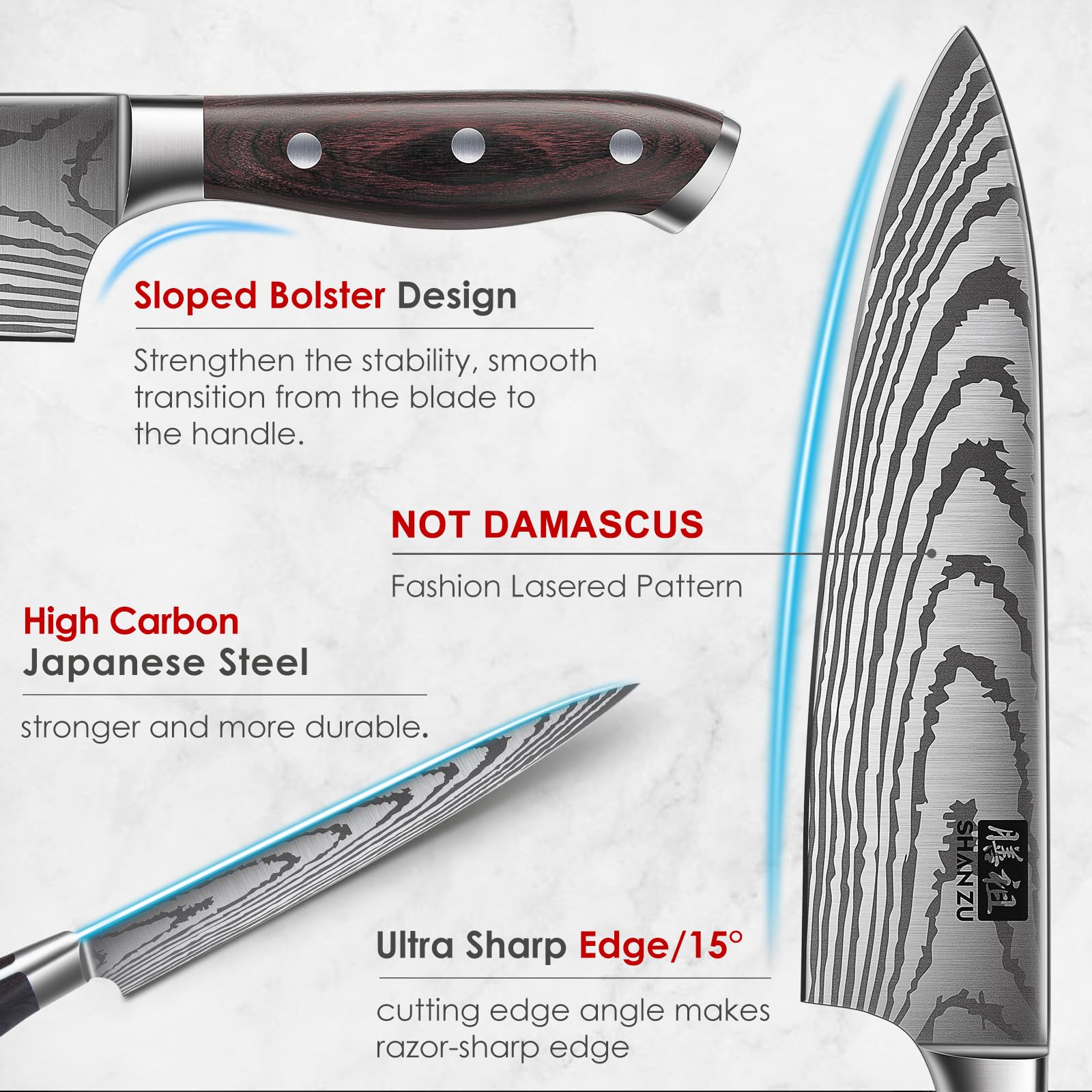 SHAN ZU 16-Piece Japanese Kitchen Knife Set with Block | High Carbon Stainless Steel | Laser Engraved 3