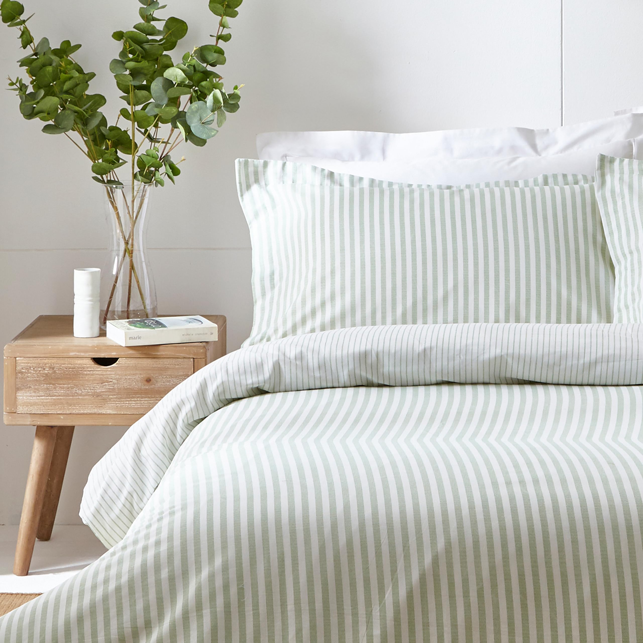 furn. Yard Hebden Cotton Duvet Cover Set - Reversible Mélange Stripe | King Size | Eucalyptus 2