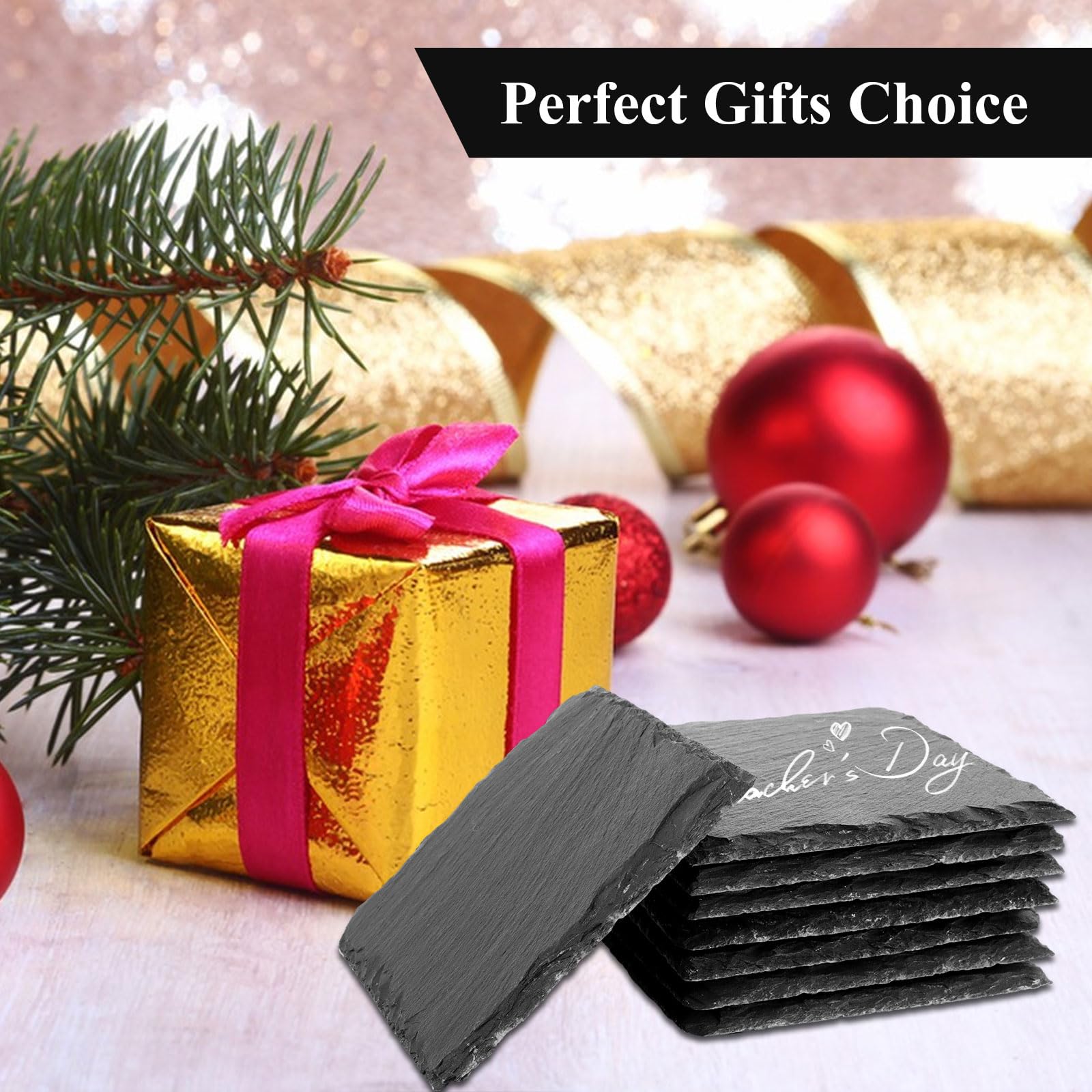 ASelected 8 Pcs Natural Slate Drink Coasters with Metal Holder | 10x10 cm Square | DIY Craft Friendly 4