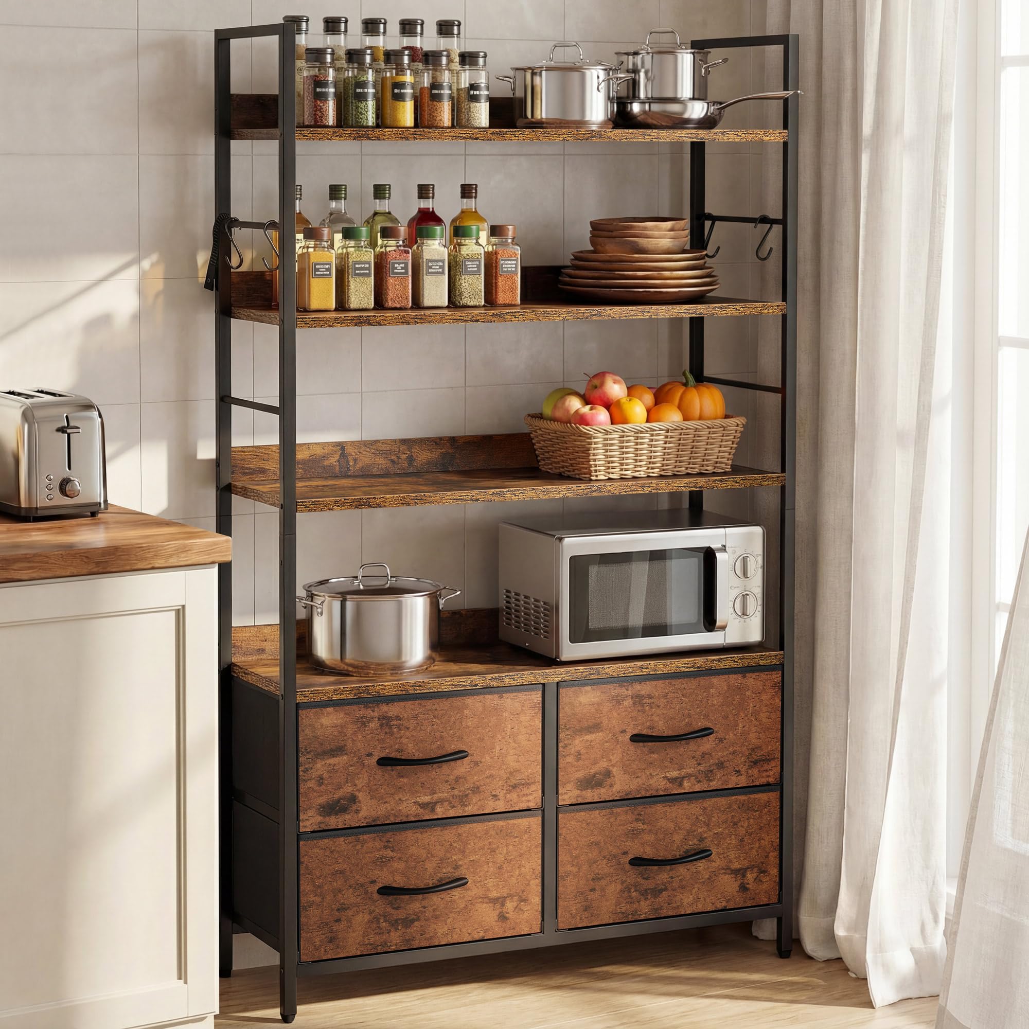 YITAHOME Industrial Bookshelf - 4-Tier with Adjustable Shelves & Drawers | Rustic Brown 8