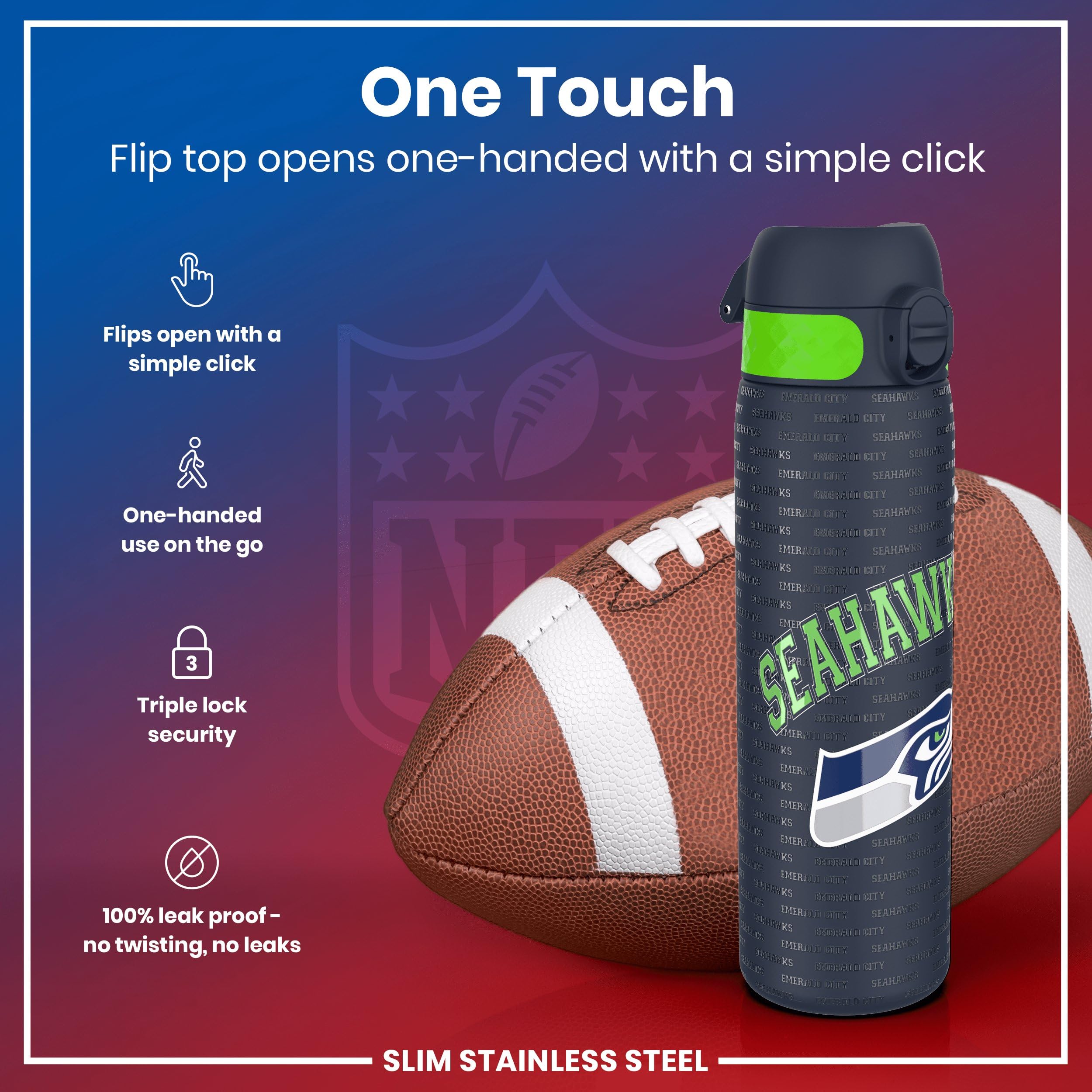 Ion8 NFL Seahawks Lightweight Steel Water Bottle - 600 ml | Leak Proof | Dishwasher Safe 3